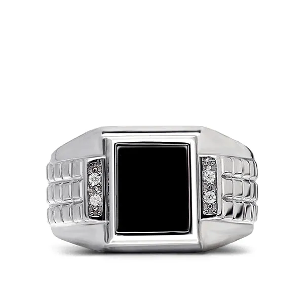 Flat Stone Men's Elegant Design Ring with 4 Genuine Diamonds