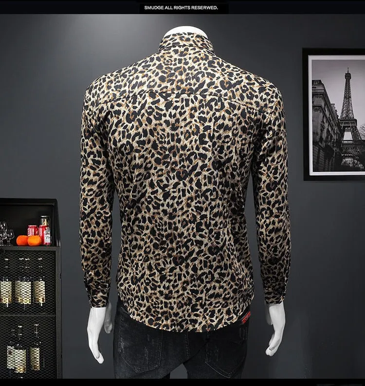 Foesce -Autumn Winter New Men's Leopard Print Shirt Trendy Casual Business Luxury Fashion Long Sleeve Social Clothing