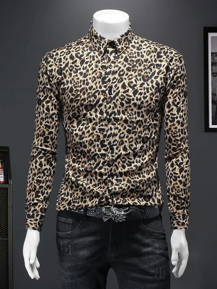 Foesce -Autumn Winter New Men's Leopard Print Shirt Trendy Casual Business Luxury Fashion Long Sleeve Social Clothing