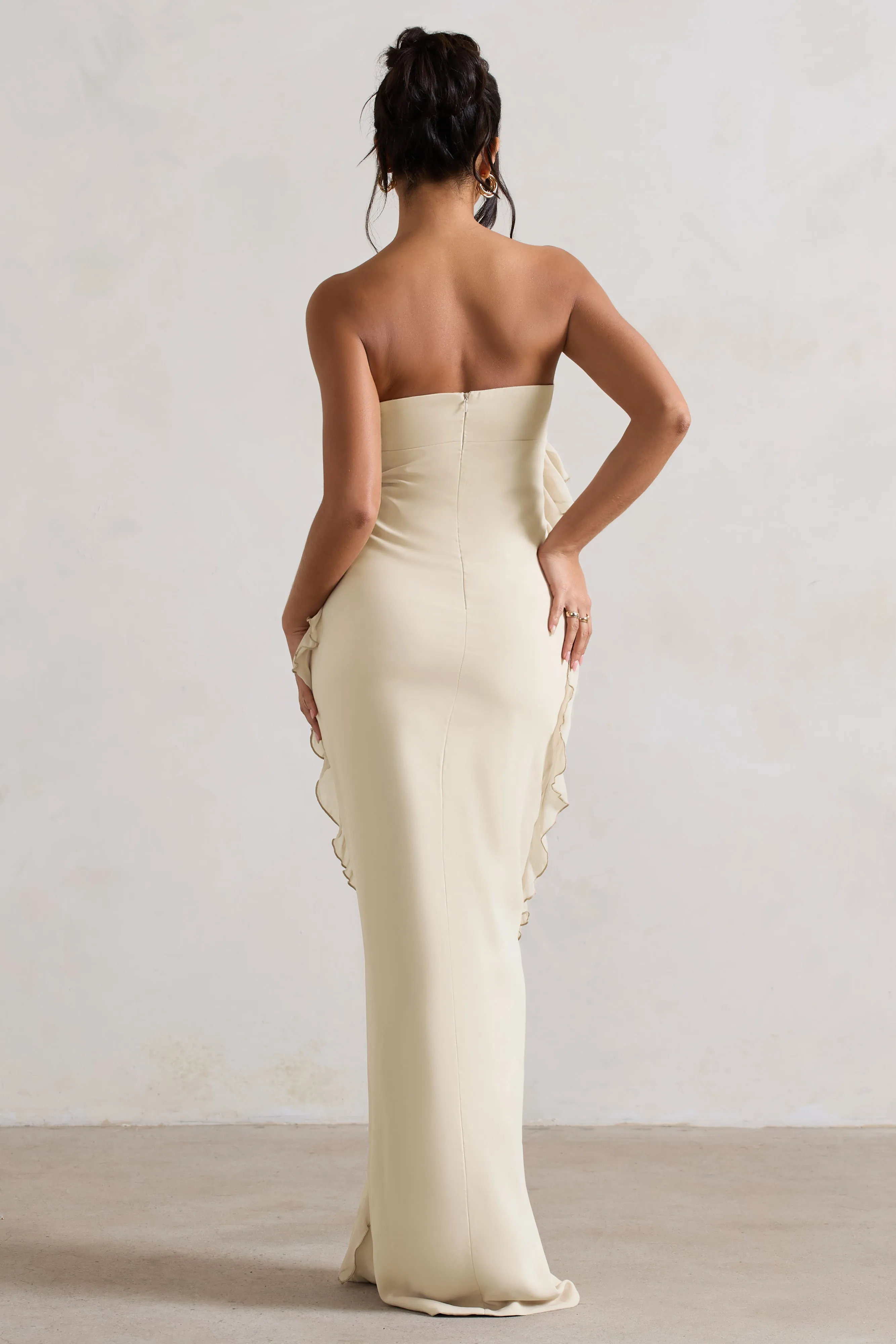 Gardenia | Champagne Strapless Ruffle Maxi Dress With Corsage