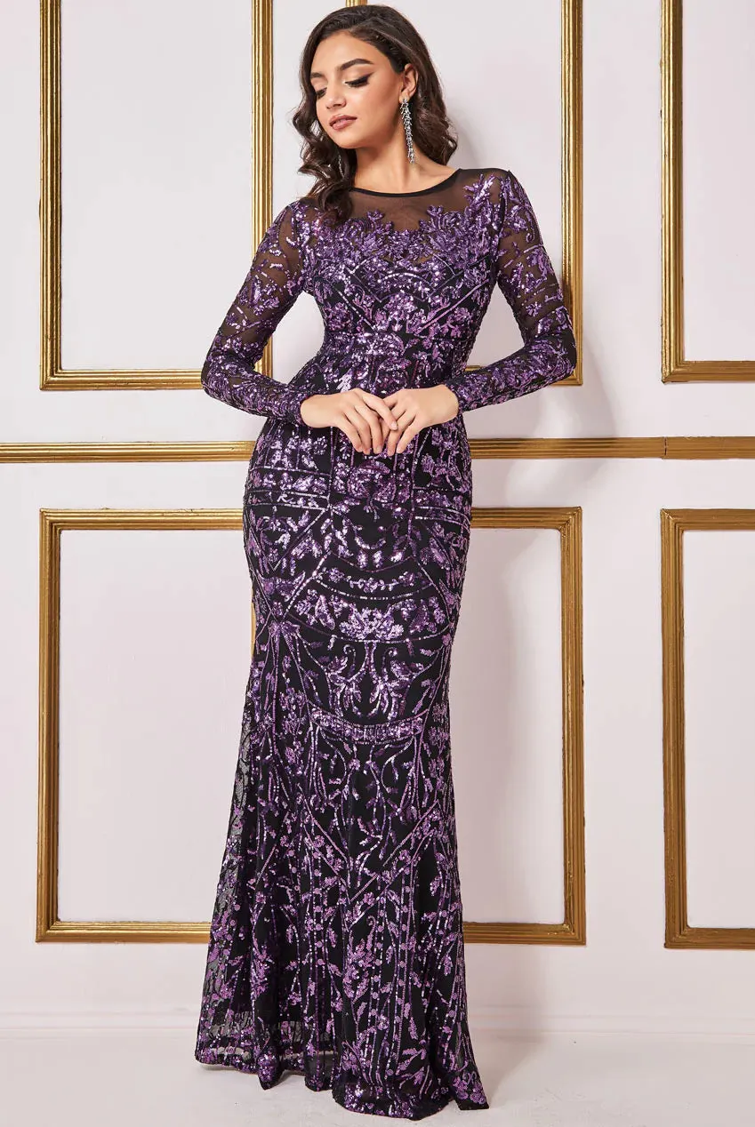 Goddiva Sequin Mesh Embroidered Maxi Dress