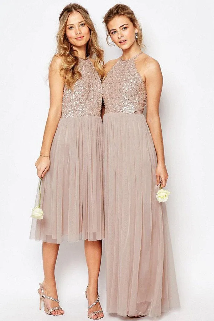 Gorgeous Glittering Top Tulle Halter Romantic Short Long Sleeveless Bridesmaid Dress