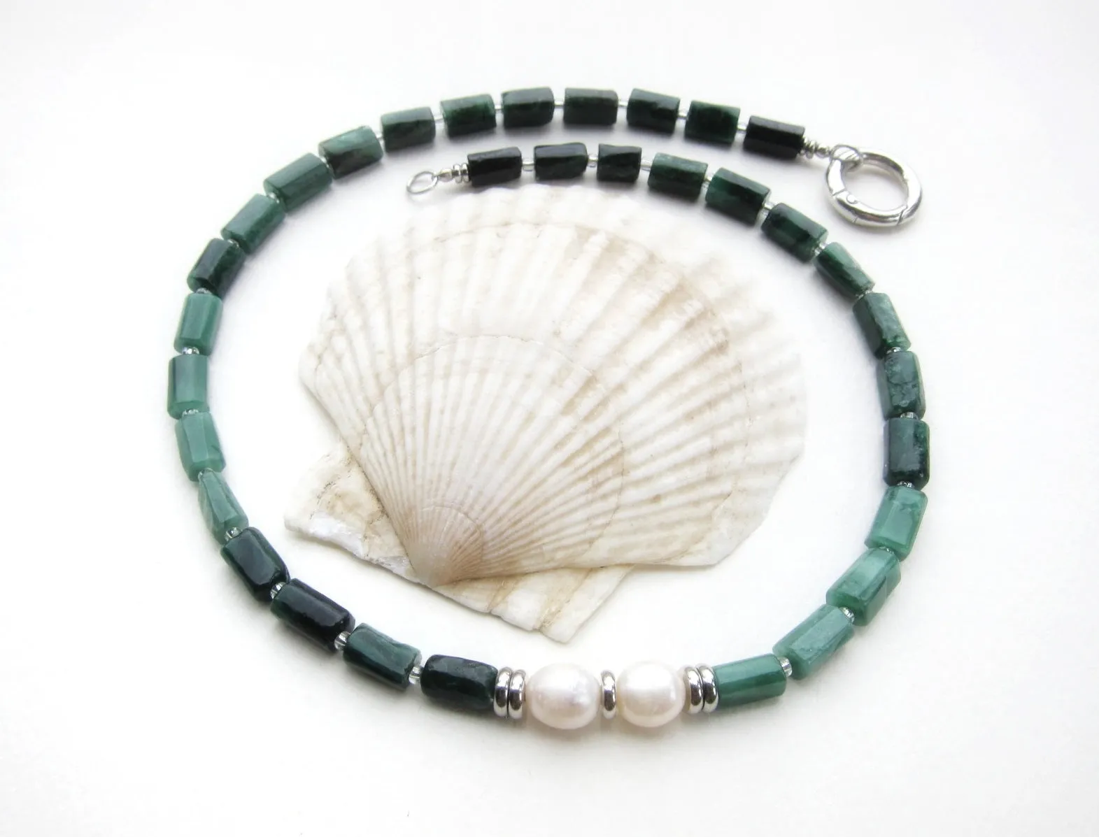 Green Emerald, Tourmaline and Baroque Freshwater Pearl Necklace in Stainless Silver Findings