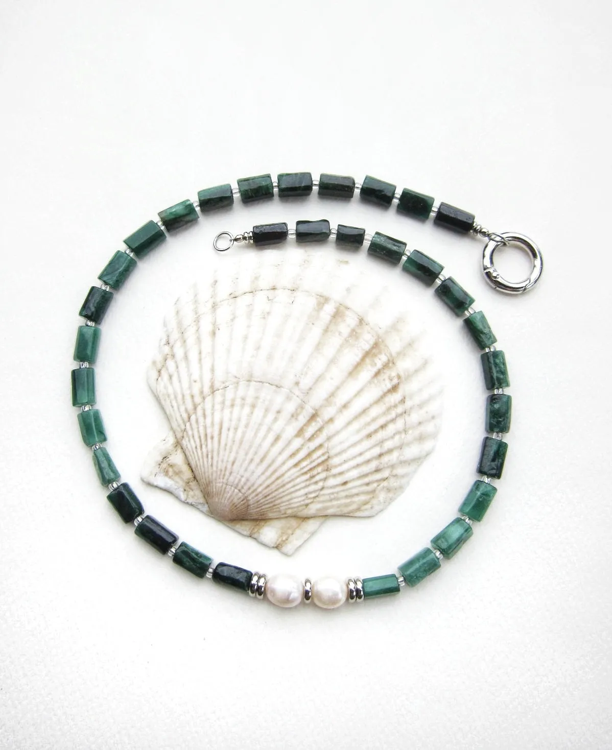 Green Emerald, Tourmaline and Baroque Freshwater Pearl Necklace in Stainless Silver Findings