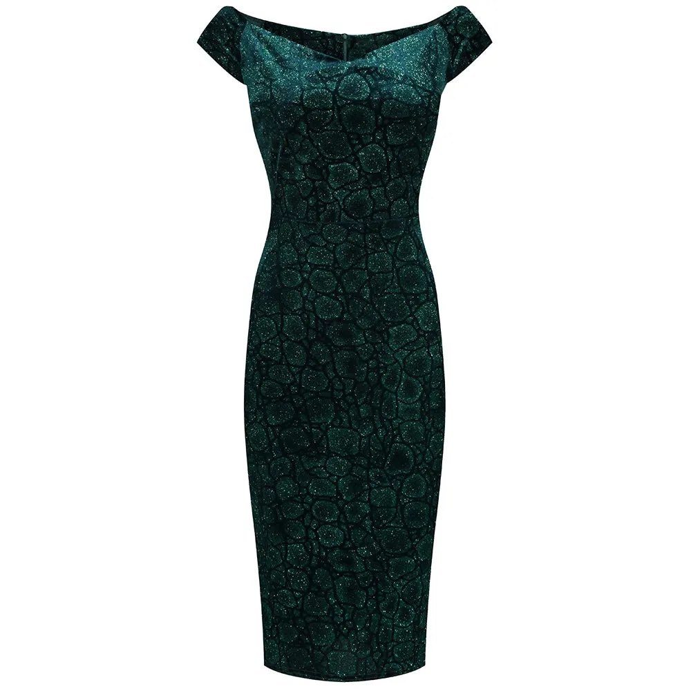 Green Vintage Animal Print Velvet Capped Sleeve Wiggle Dress