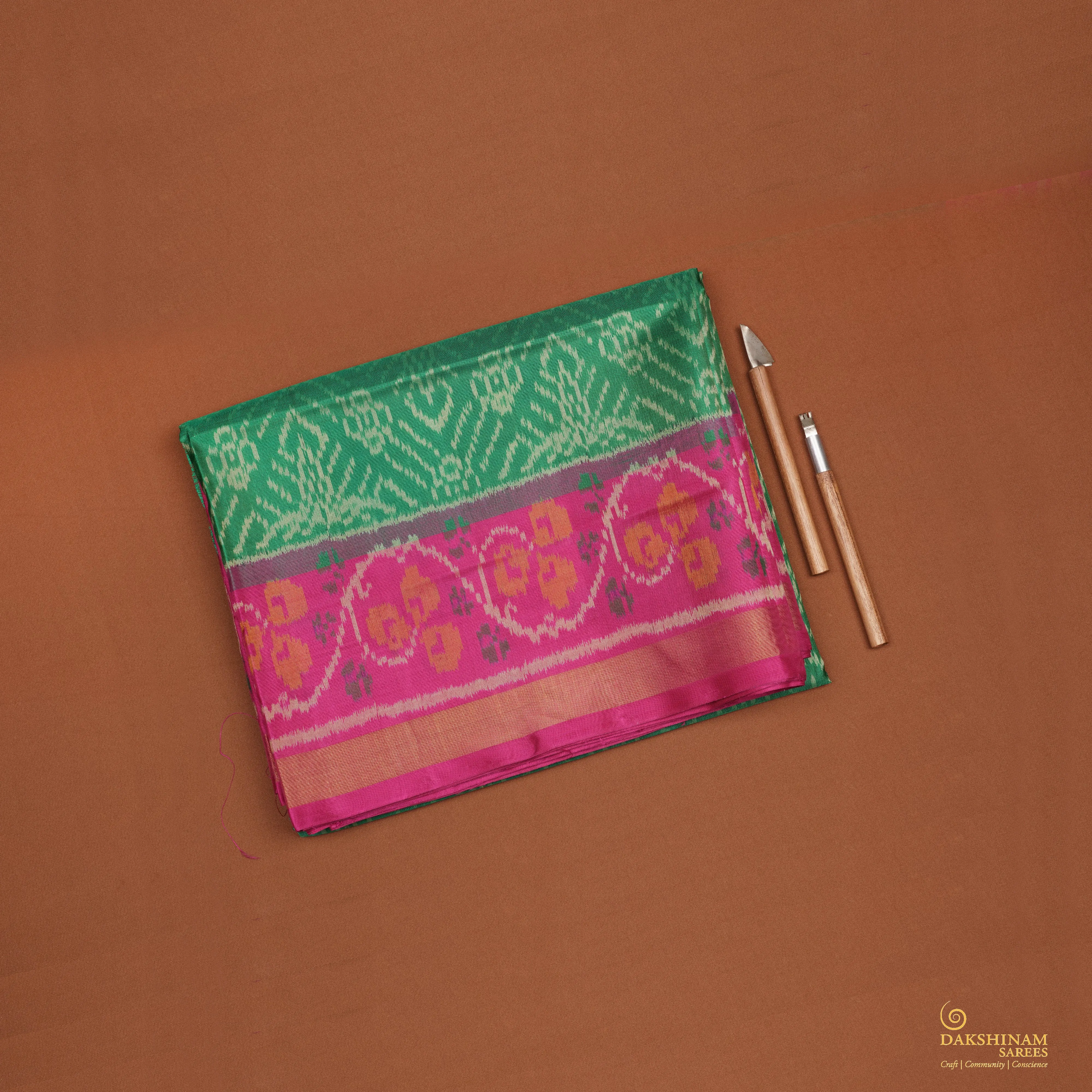 Handwoven Green with Pink Patola Silk Saree - 2156T010732DSC