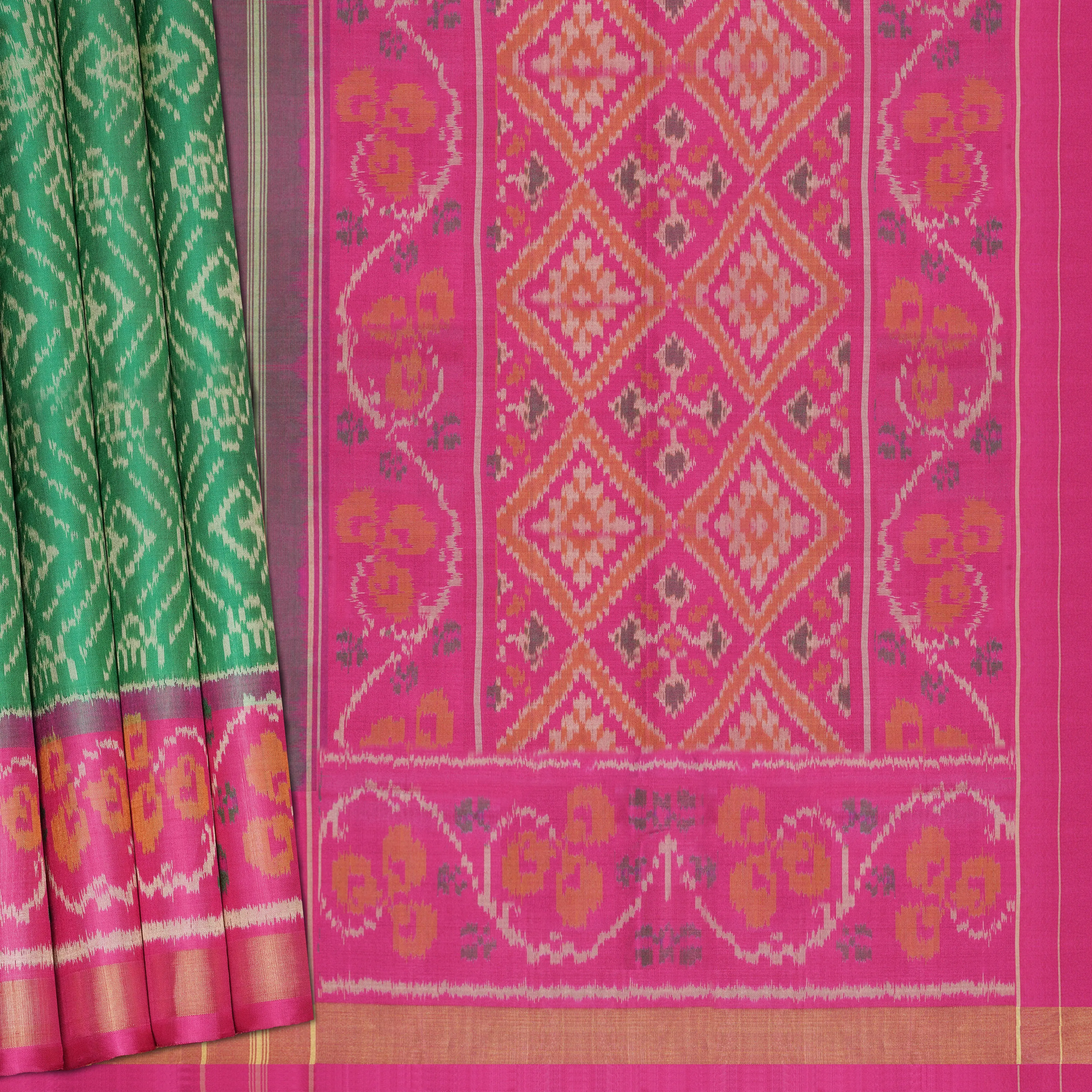 Handwoven Green with Pink Patola Silk Saree - 2156T010732DSC