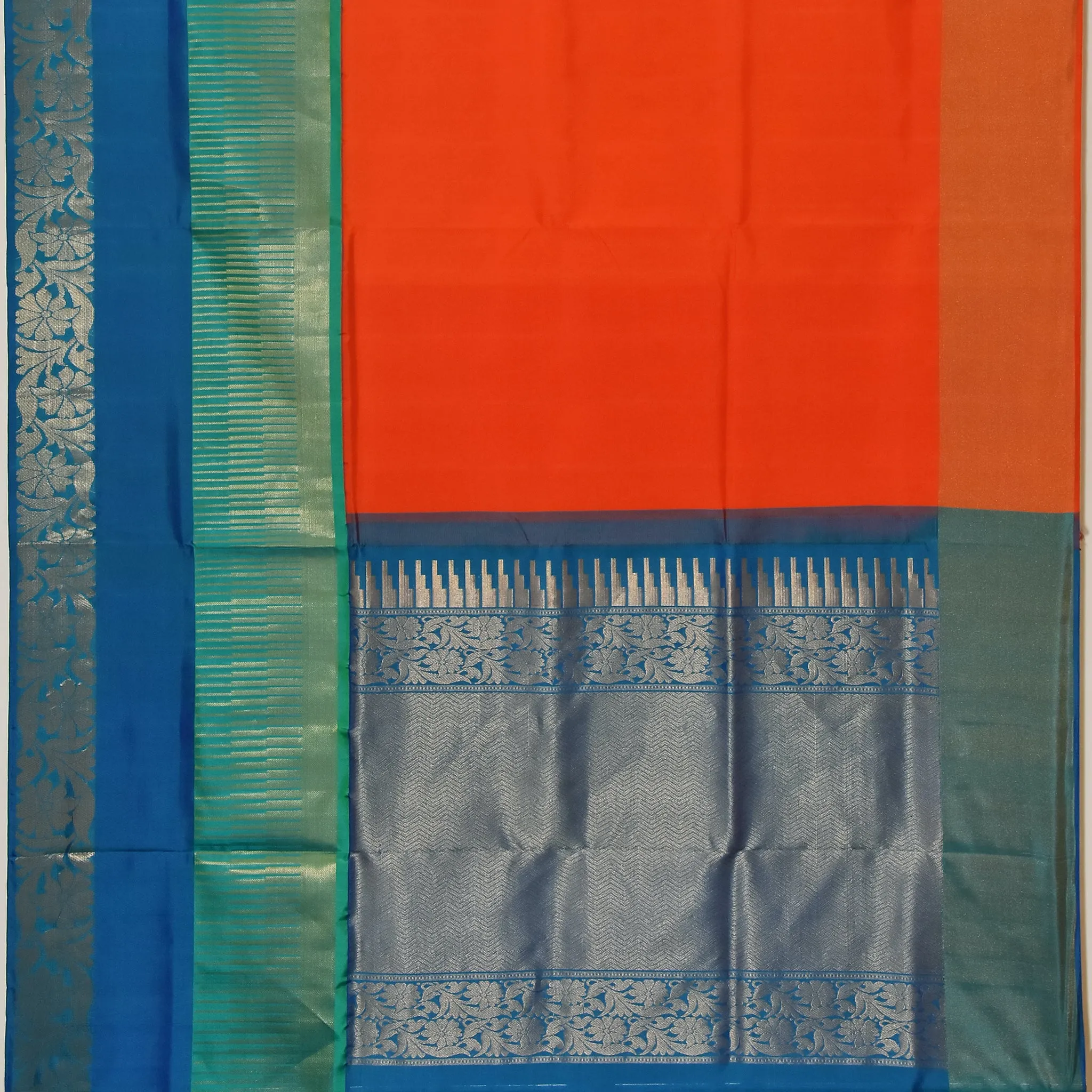 Handwoven Orange with Blue Soft Silk Saree - 301N013614DSS