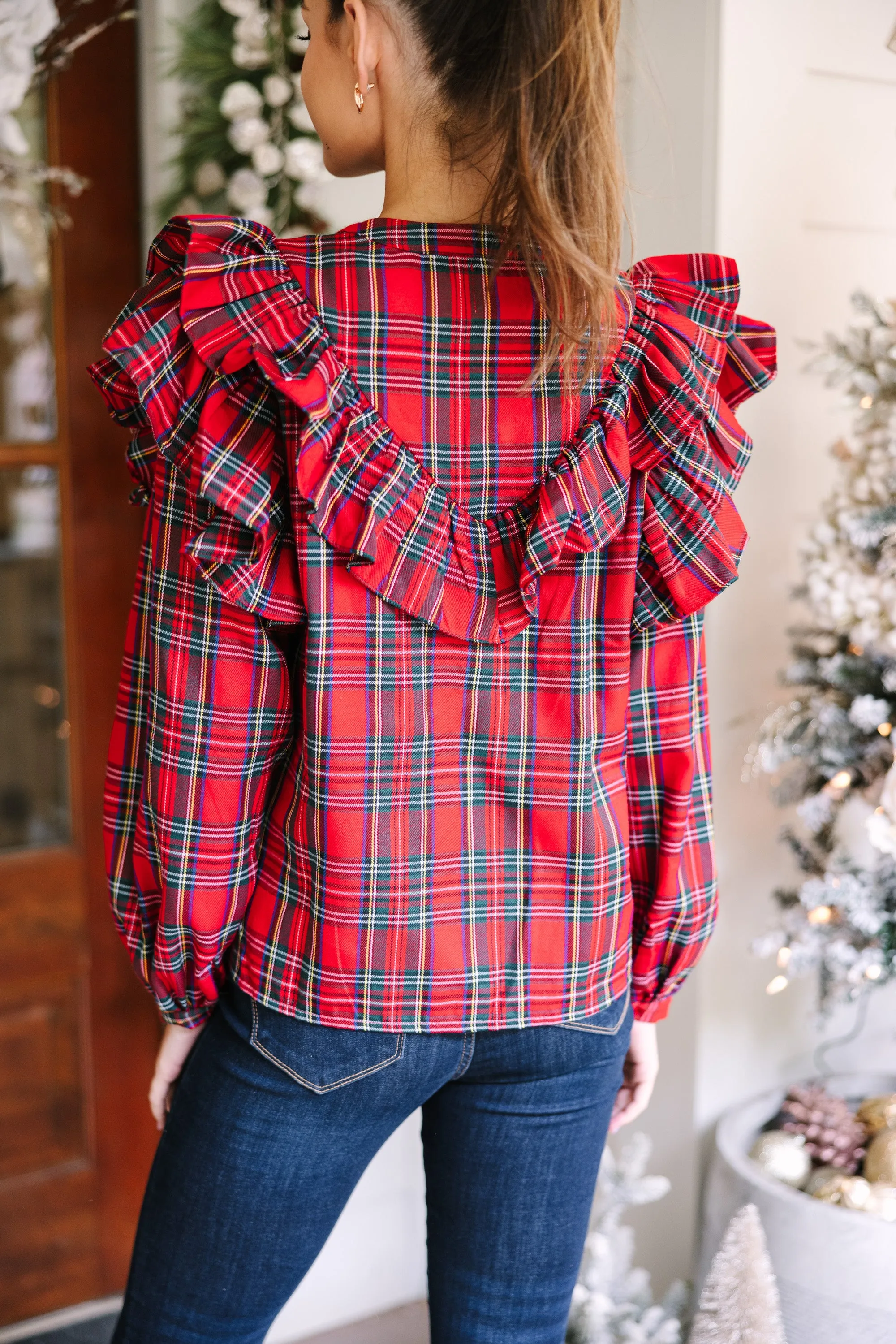 It's All Possible Red Tartan Plaid Button Down Blouse