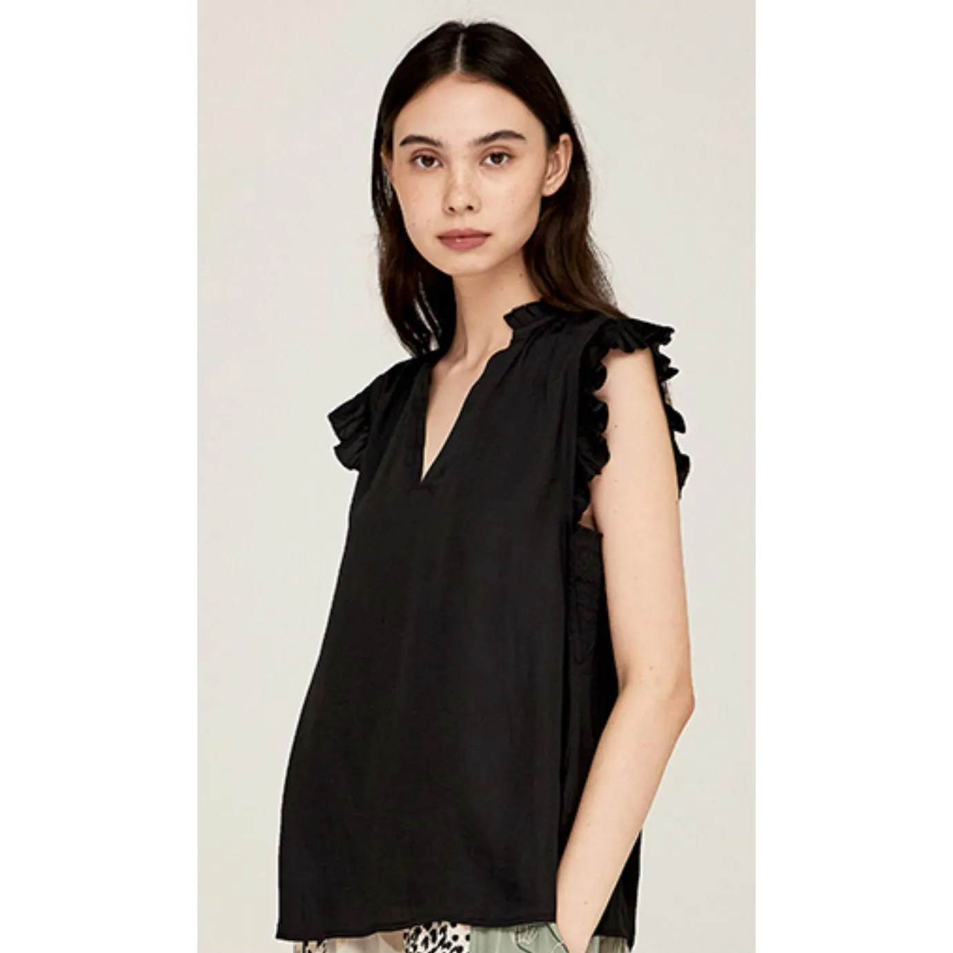 Jenna Grade and Gather Black Ruffle Sleeve Satin Blouse