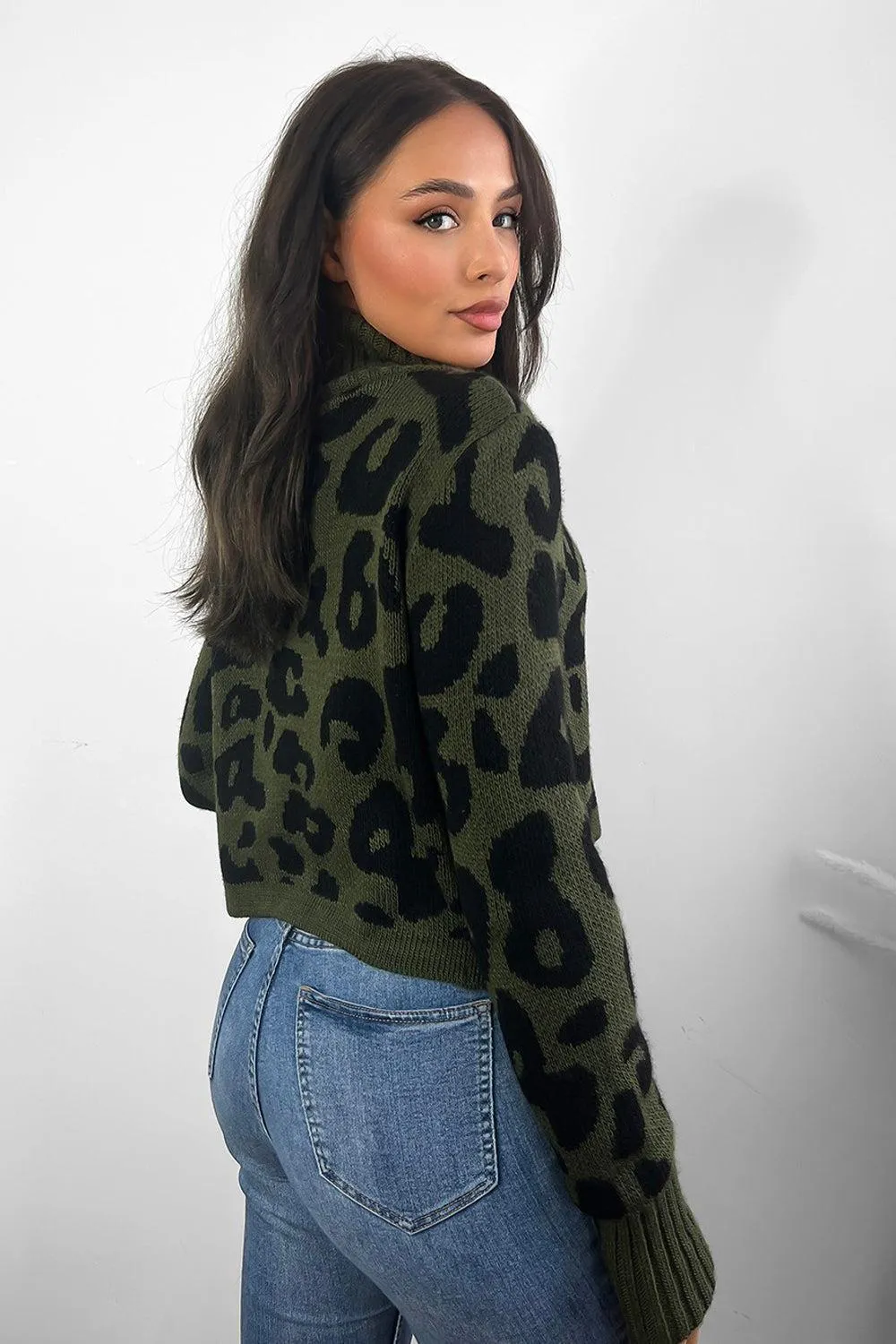 Large Leopard Knit High Neck Cropped Pullover