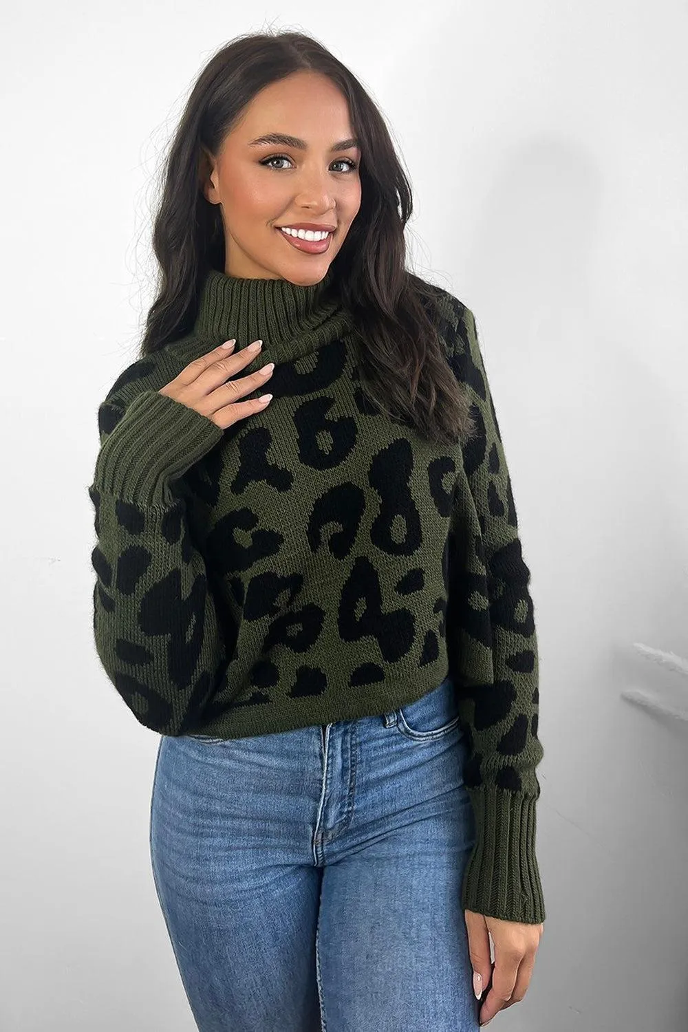 Large Leopard Knit High Neck Cropped Pullover