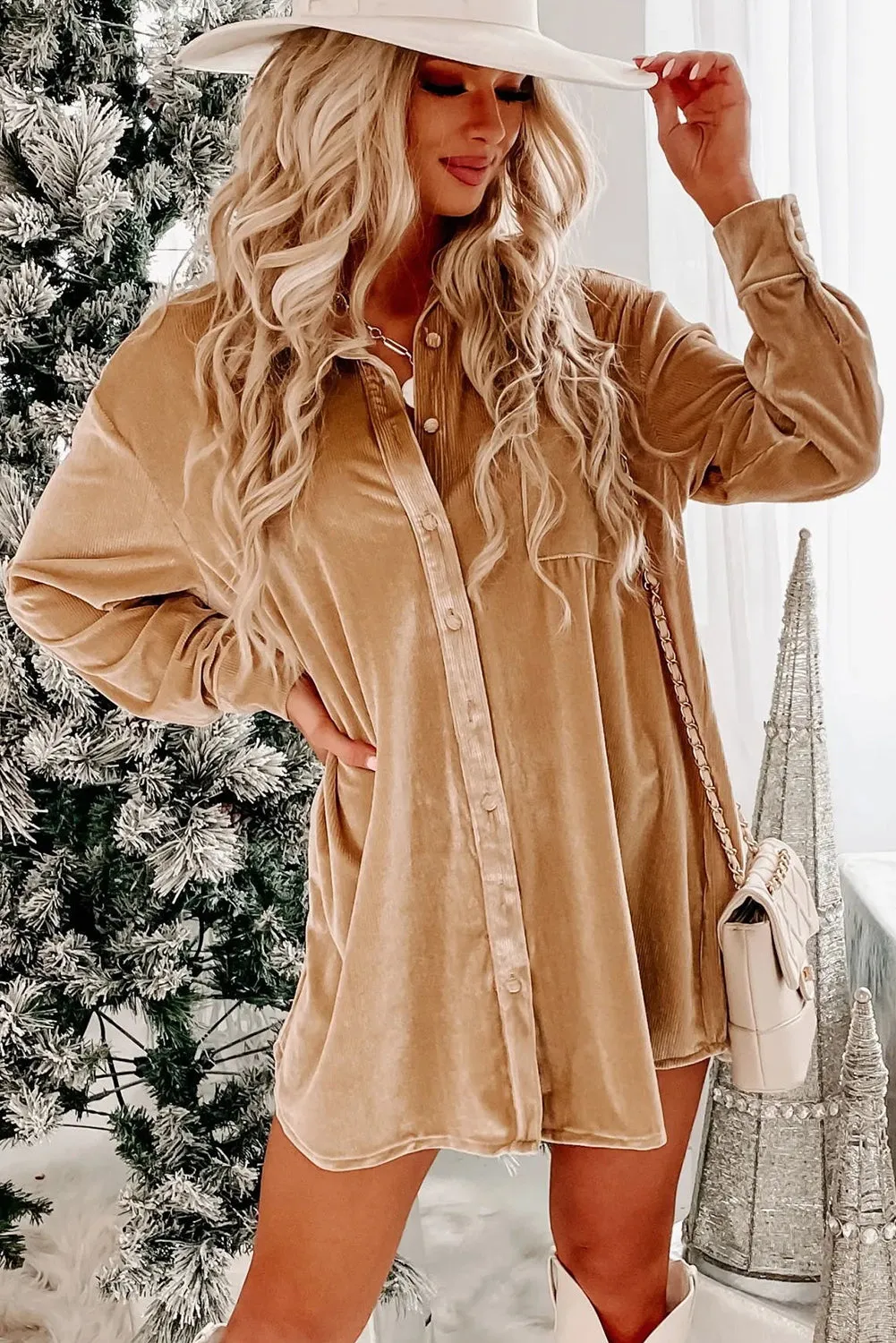 Light French Beige Velvet Button Front Shirt Mini Dress