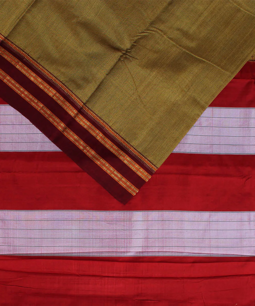 Lime checks maroon gayatri border cotton art silk handloom ilkal saree