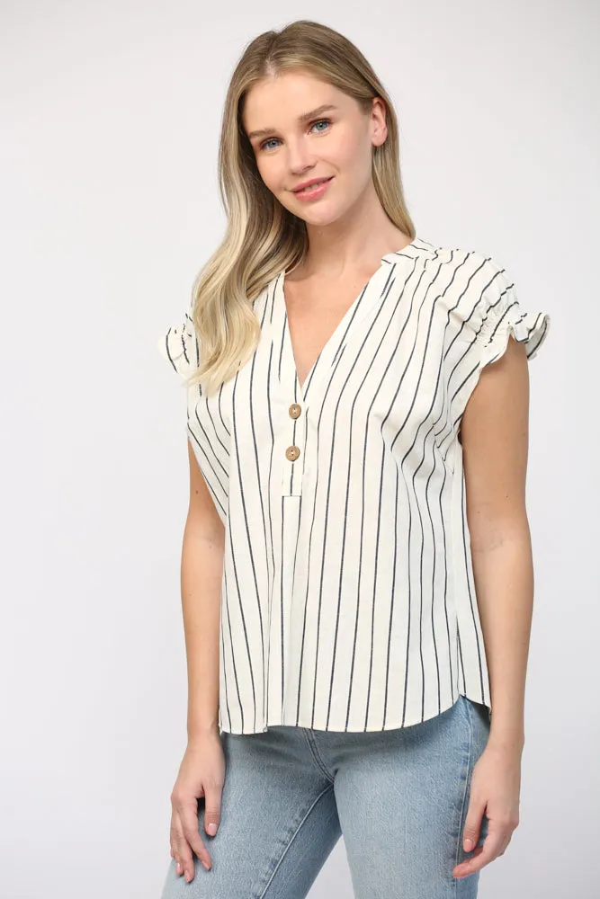 Linen Stripe Split Neck Top