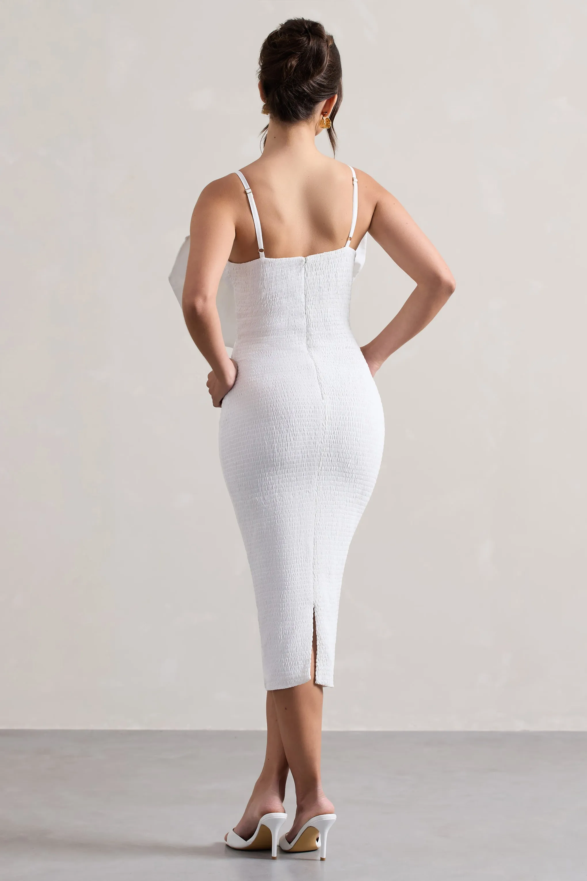 Love Poem | White Bodycon Midi Dress With Oversized Bow