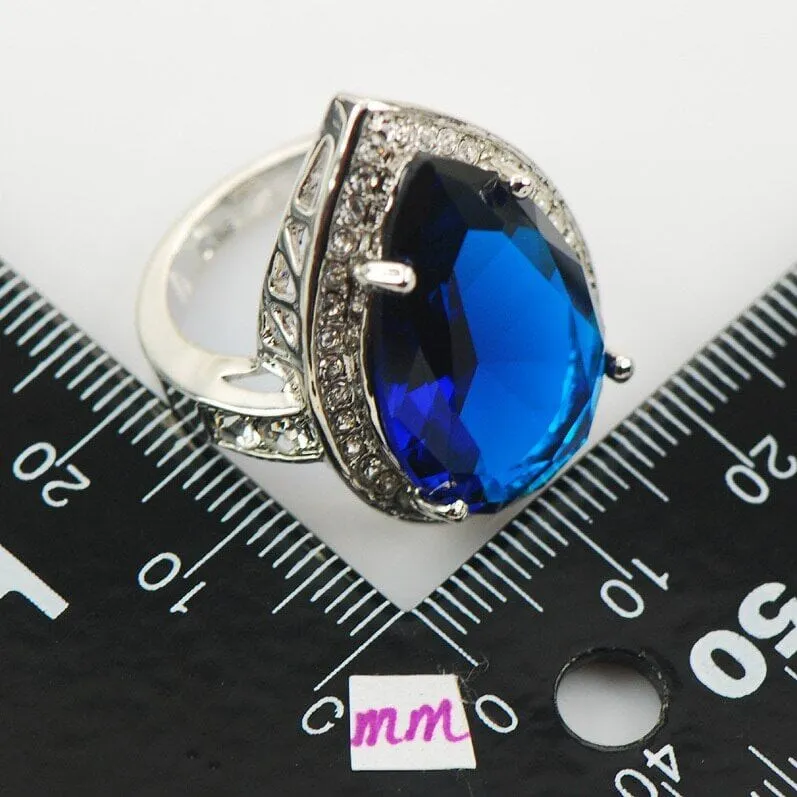 Lovely Elegant Blue Sapphire Crystal Zircon Ring - 925 Sterling Silver