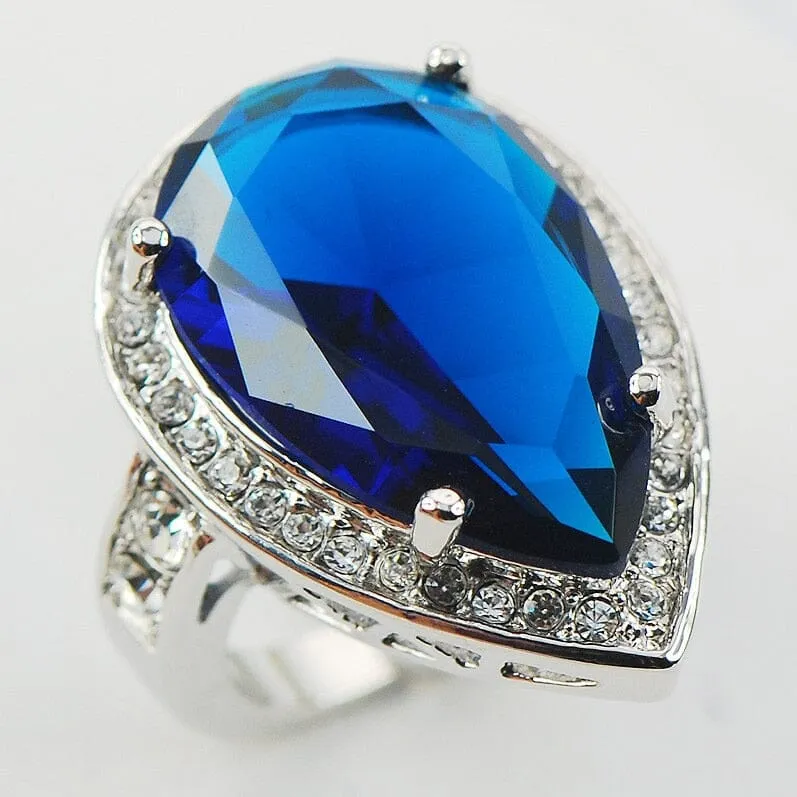 Lovely Elegant Blue Sapphire Crystal Zircon Ring - 925 Sterling Silver