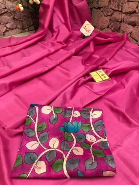 Magenta Color Pure Bishnupur Silk Saree with Hand Painted Kalamkari Blouse