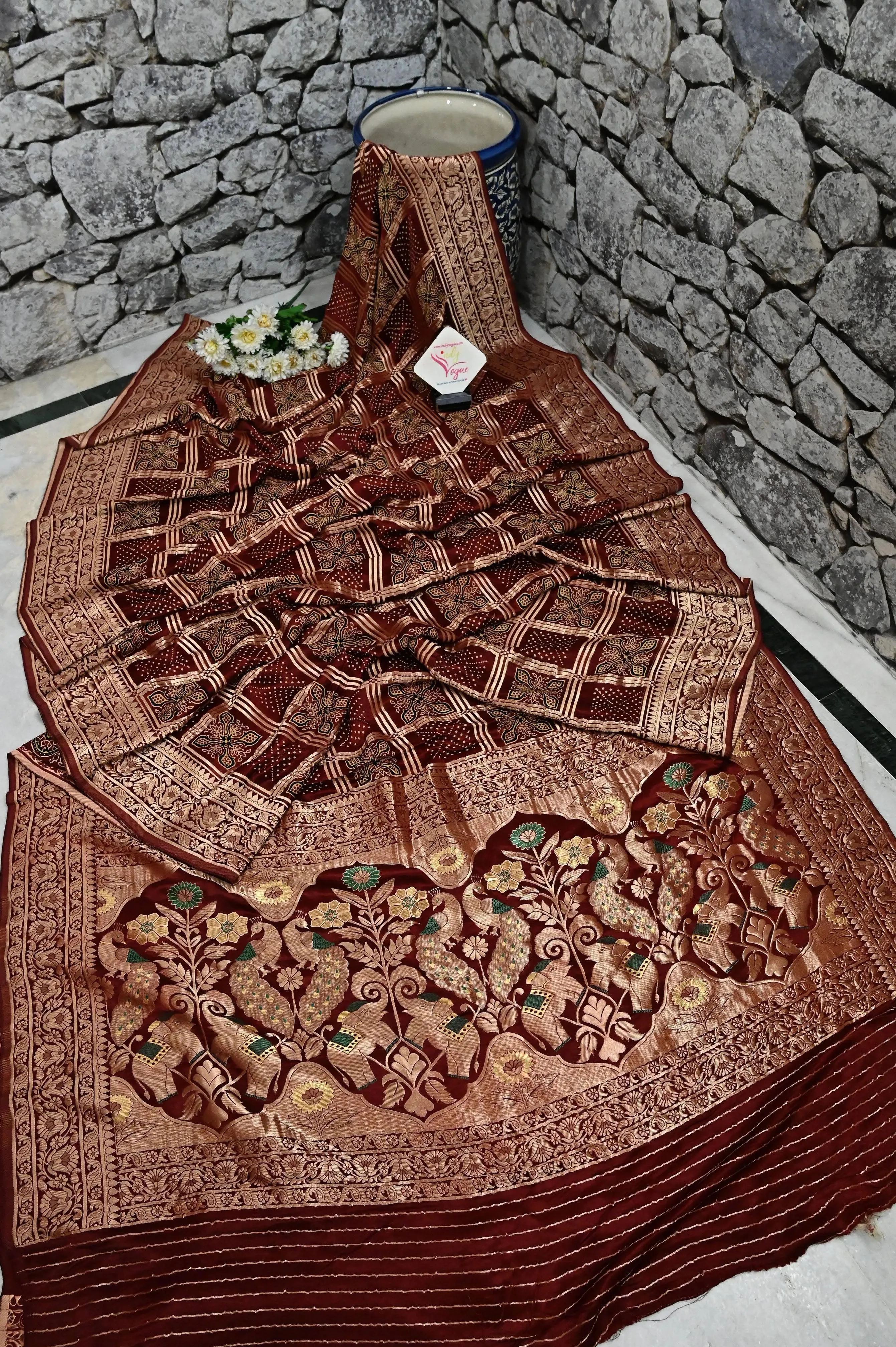 Maroon Color Modal Silk Gharchola Saree with Ajrakh Print and Zari Weaving