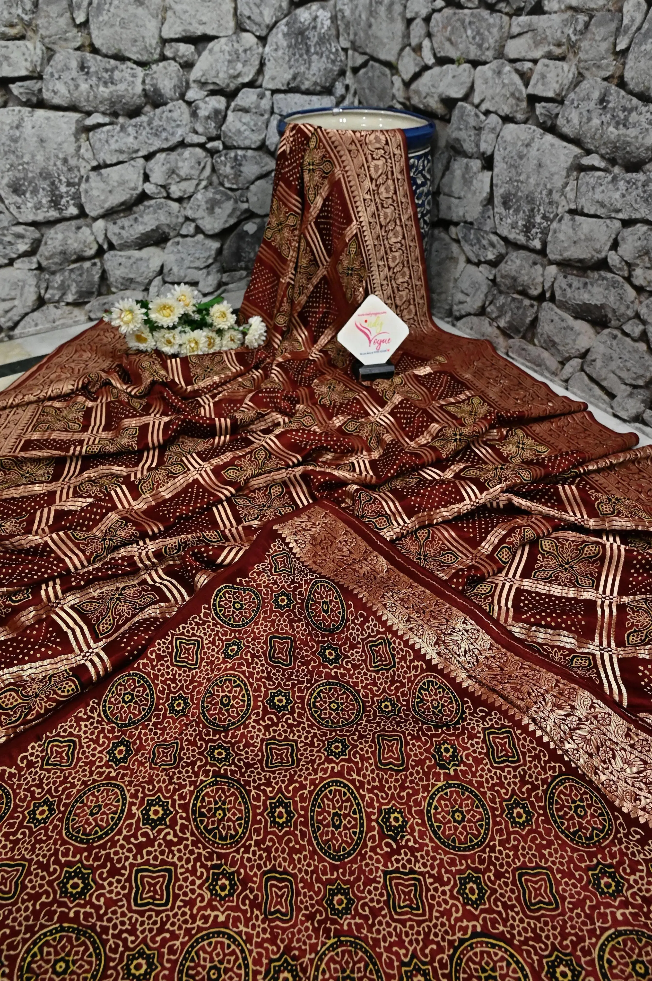 Maroon Color Modal Silk Gharchola Saree with Ajrakh Print and Zari Weaving