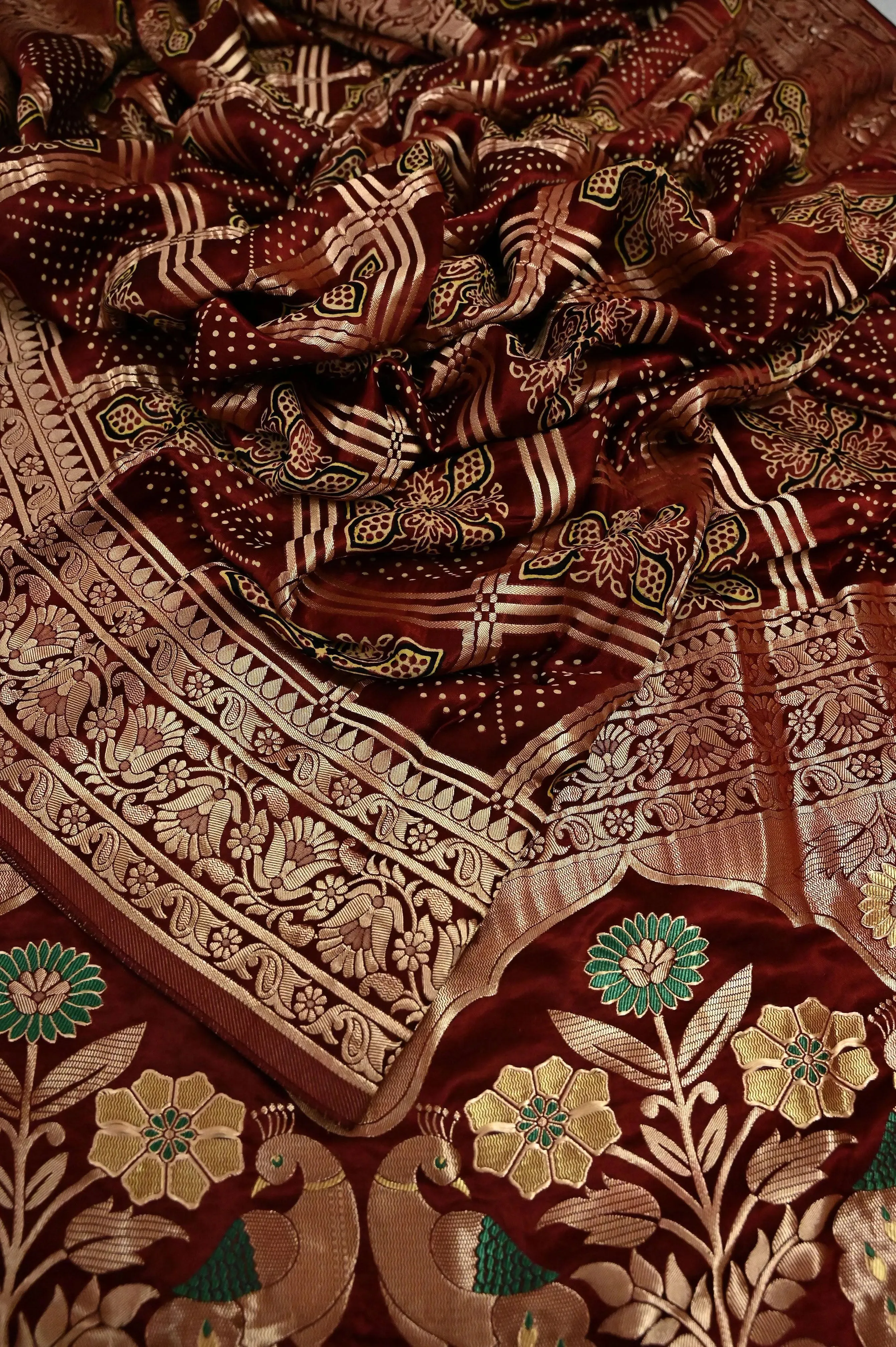 Maroon Color Modal Silk Gharchola Saree with Ajrakh Print and Zari Weaving