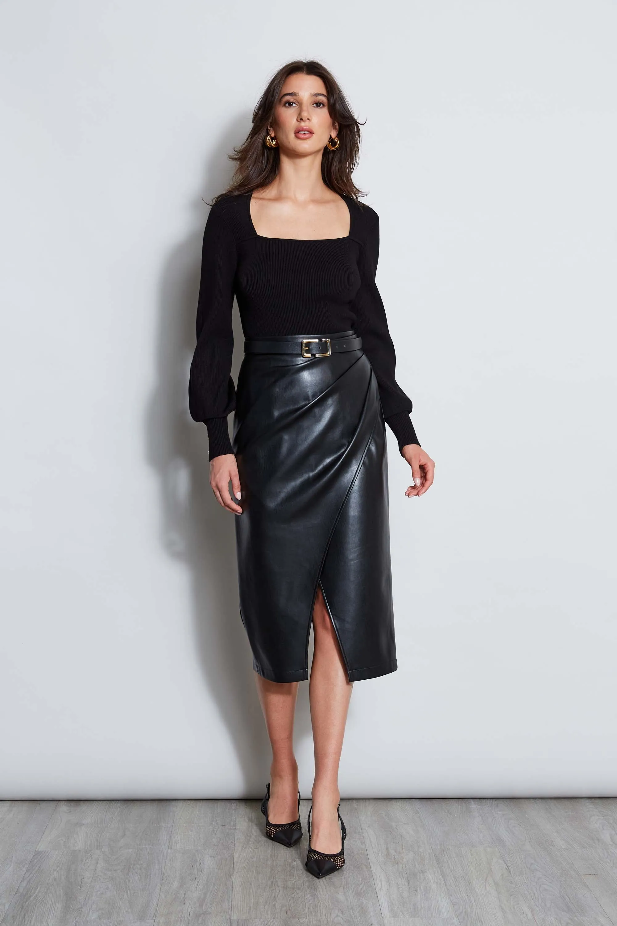 Midi Vegan Leather Wrap Skirt