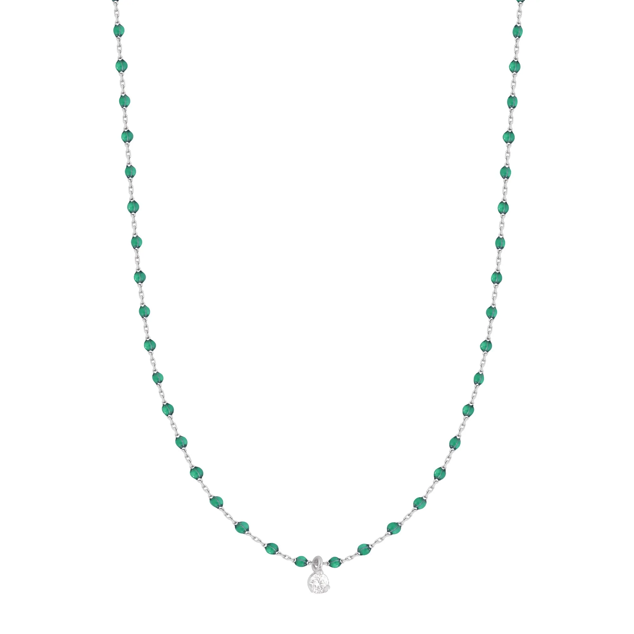 Mini Gigi Emerald necklace, White Gold 1 Diamond, 15.7"