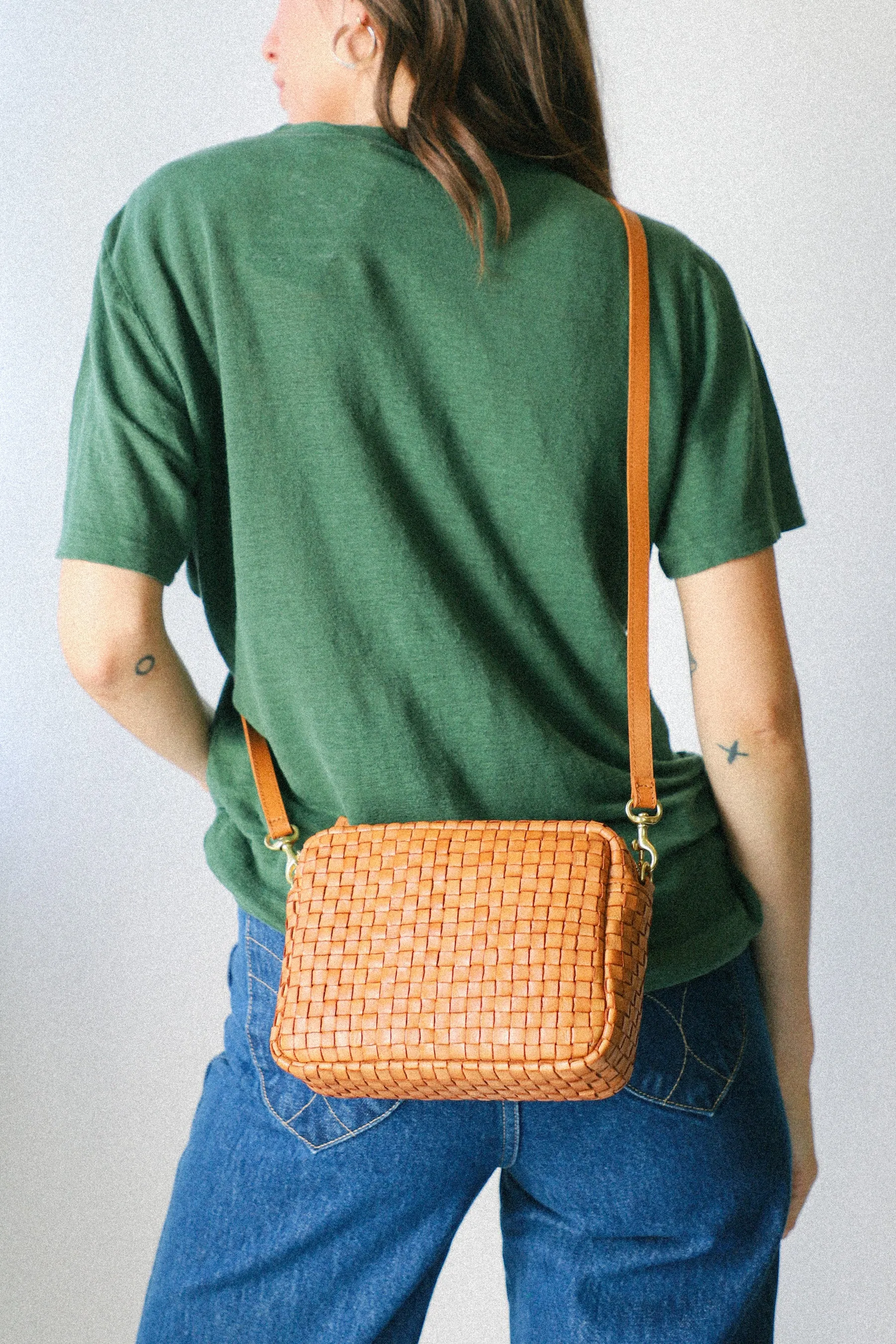 Natural Woven Checker Midi Sac