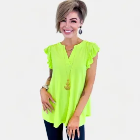 Neon Green Lizzy Flutter Sleeve Top [NO RETURNS]