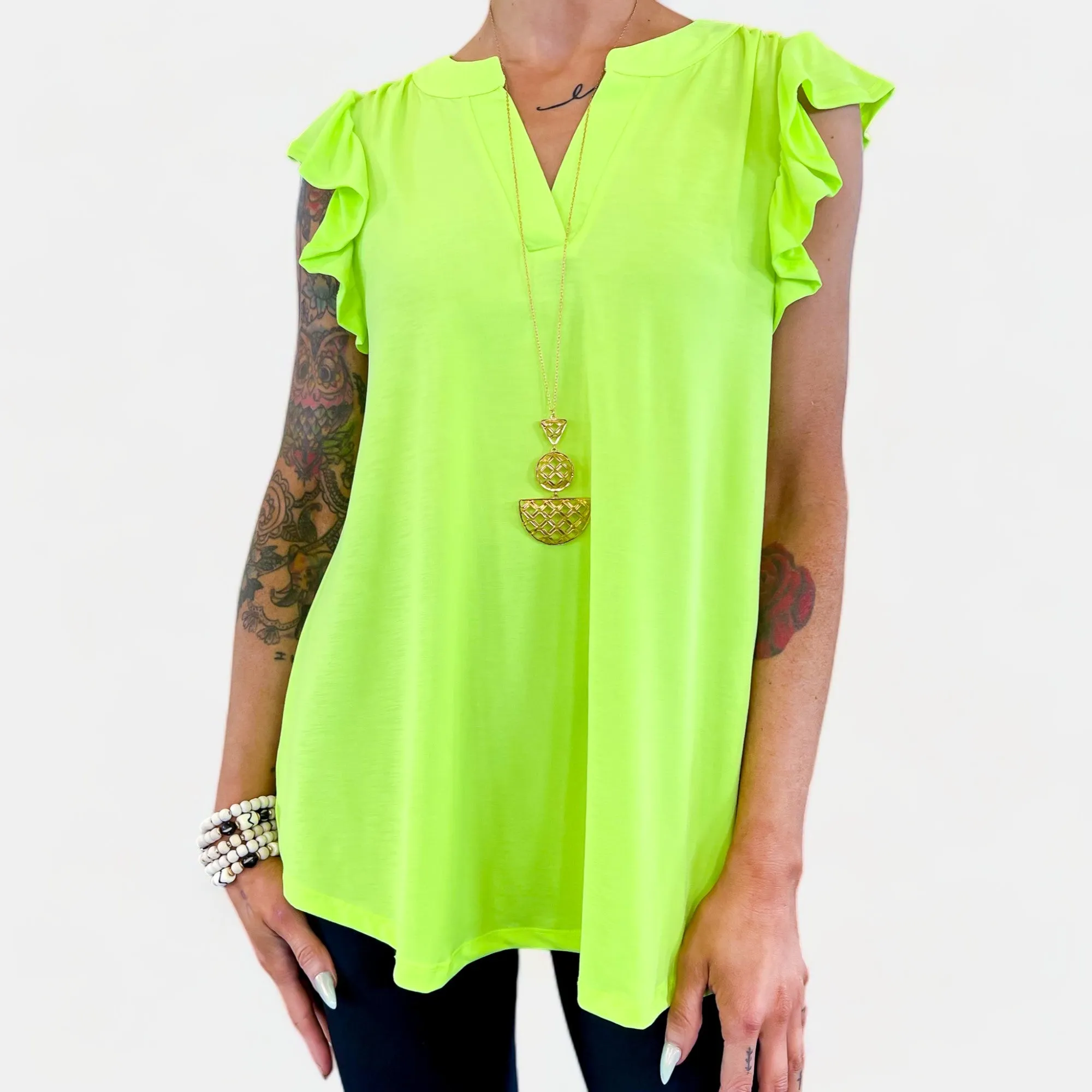 Neon Green Lizzy Flutter Sleeve Top [NO RETURNS]