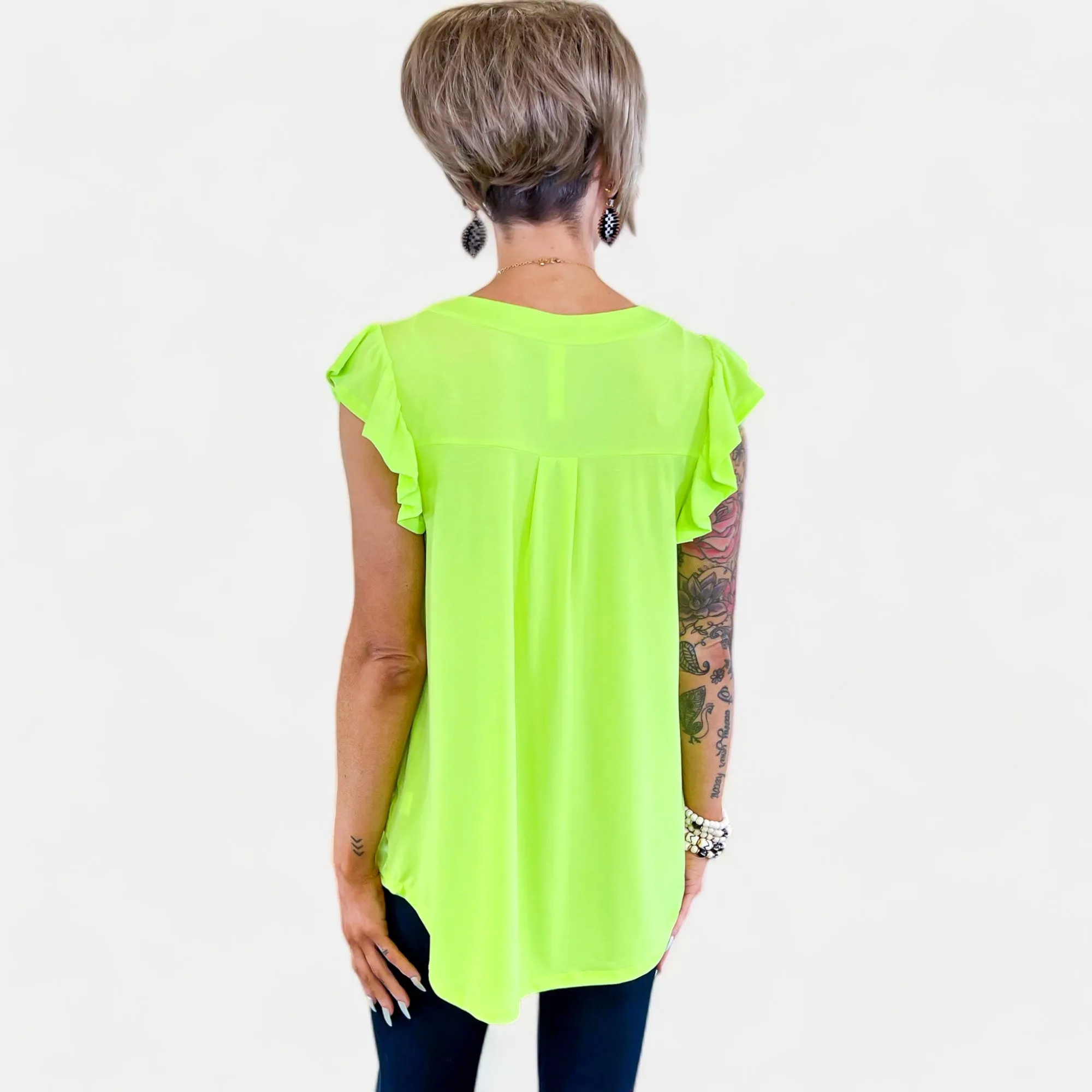 Neon Green Lizzy Flutter Sleeve Top [NO RETURNS]