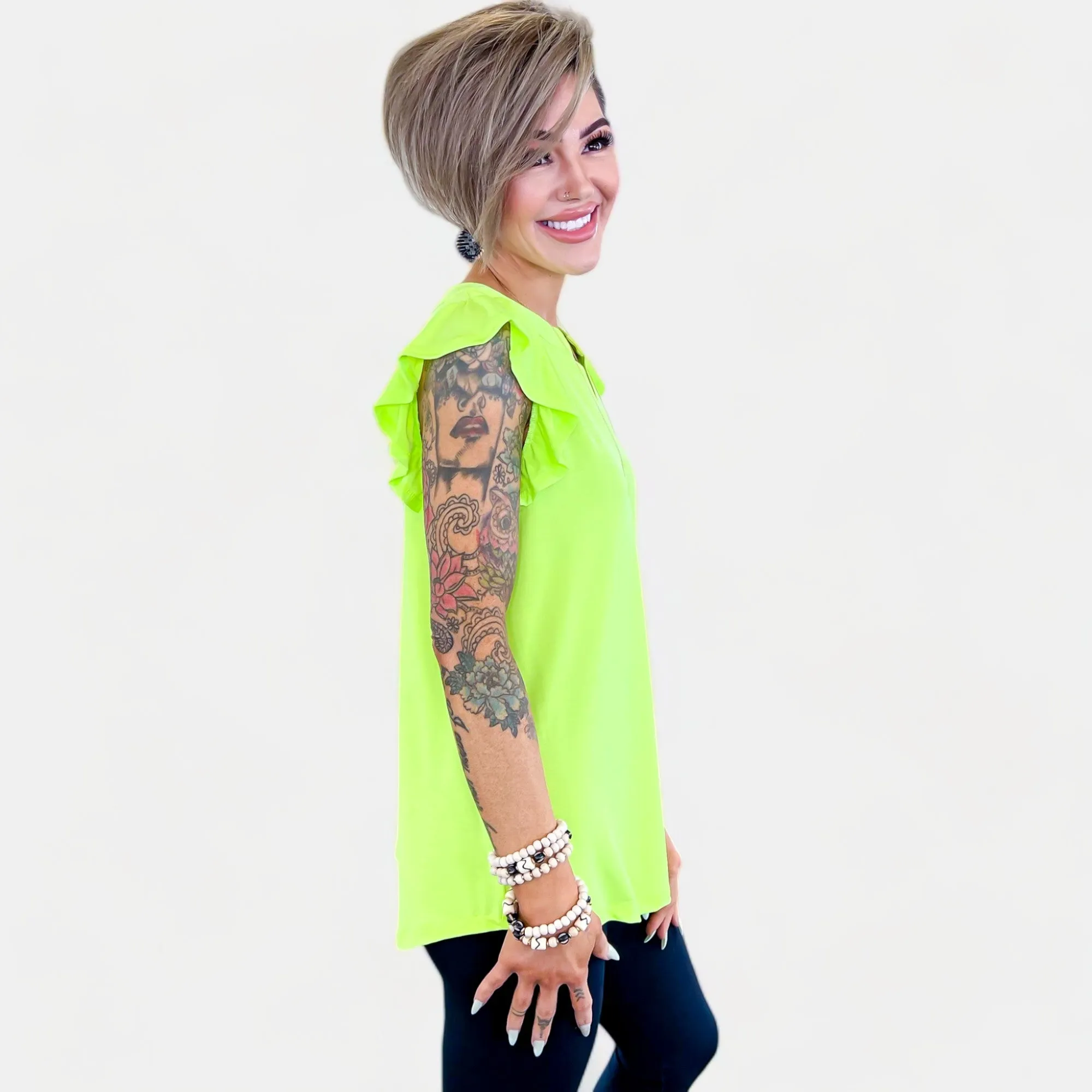 Neon Green Lizzy Flutter Sleeve Top [NO RETURNS]