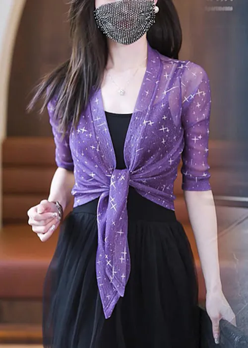 New Black Bright Silk Print Tulle Cardigan Summer AS1078