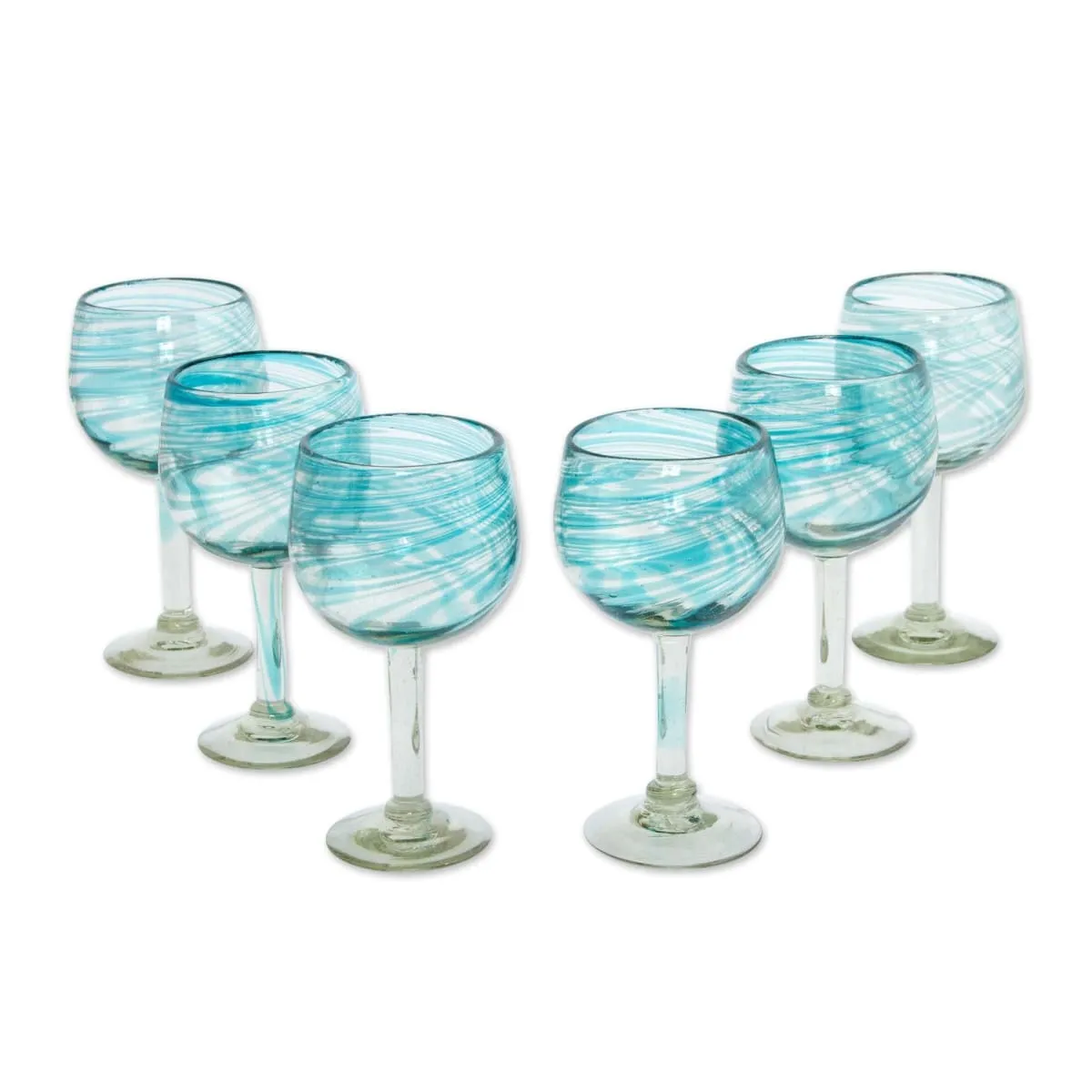 Novica Elegant Aqua Swirl Blown Wine Glasses (Set Of 6)