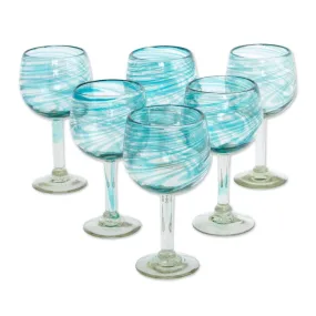 Novica Elegant Aqua Swirl Blown Wine Glasses (Set Of 6)