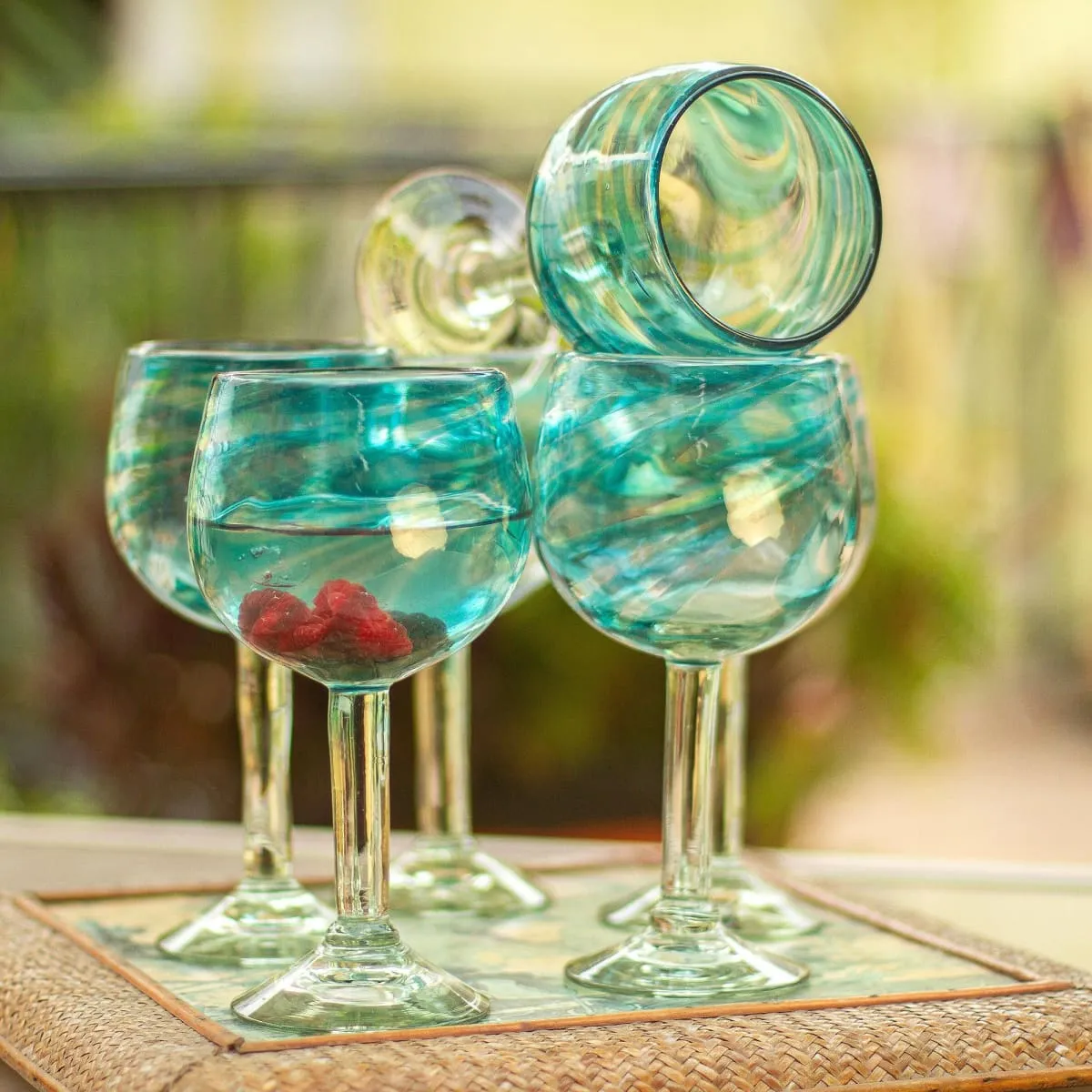 Novica Elegant Aqua Swirl Blown Wine Glasses (Set Of 6)