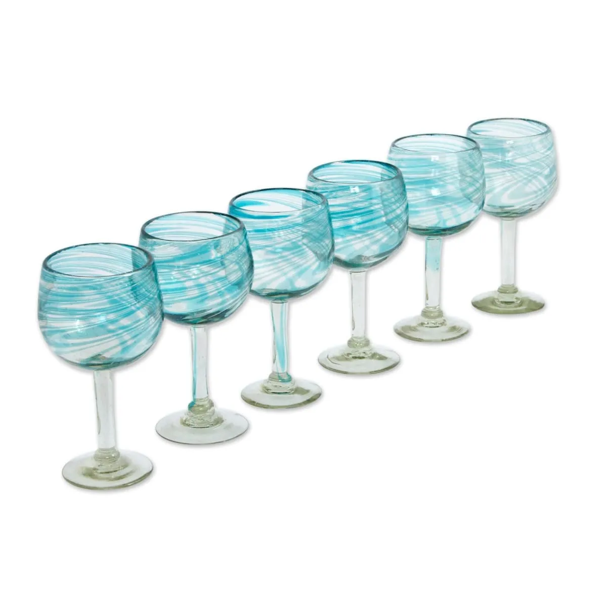 Novica Elegant Aqua Swirl Blown Wine Glasses (Set Of 6)