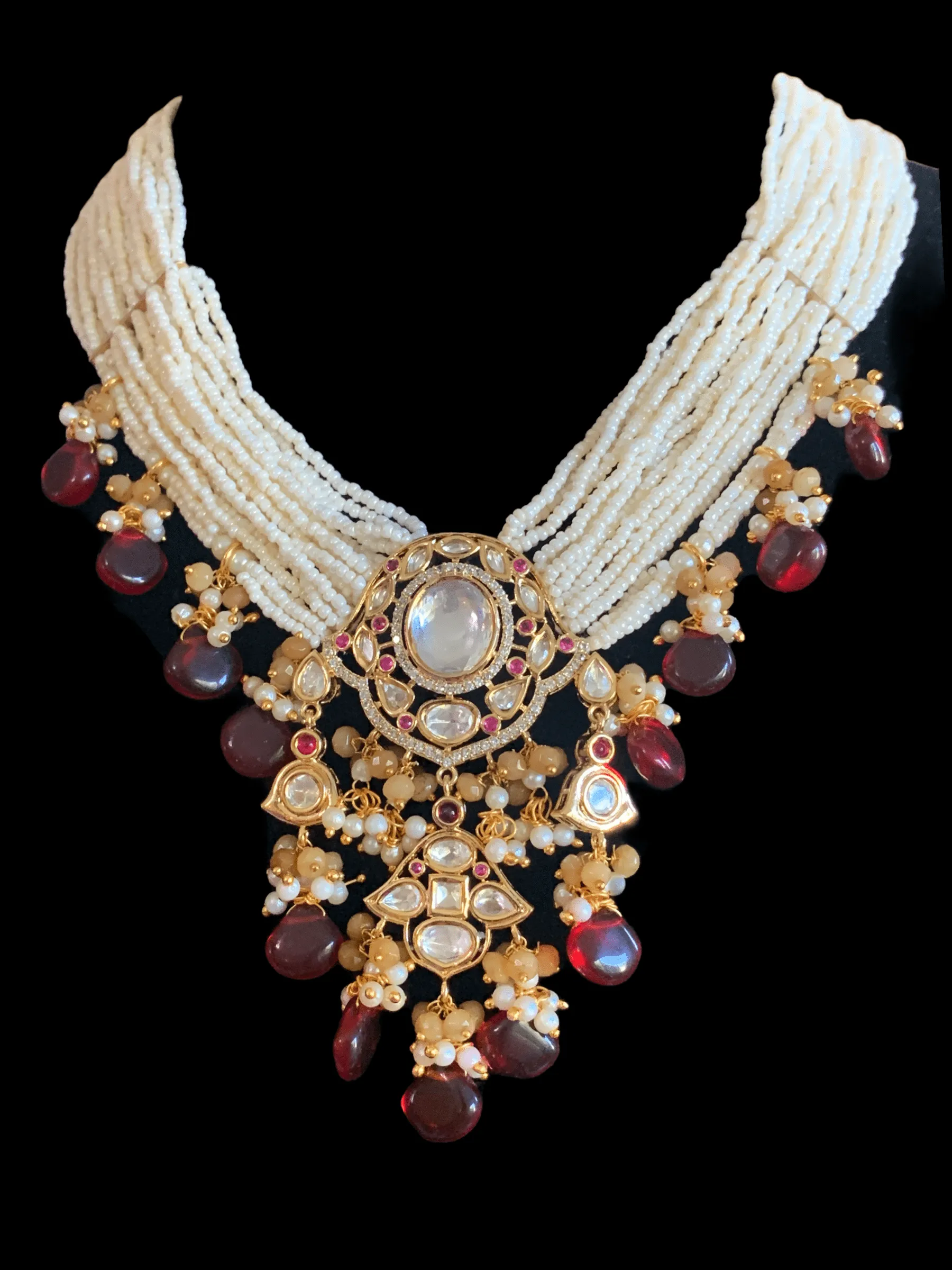 NS243  Reema high quality polki necklace set - Maroon  ( READY TO SHIP)