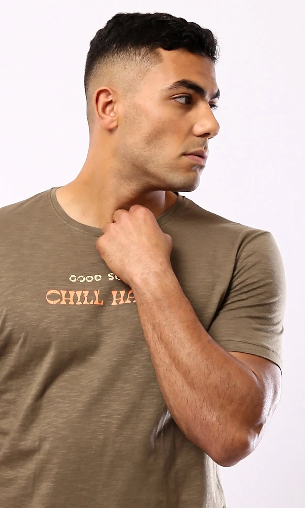 O179362 Heather Dark Khaki Round Neck Summer Tee