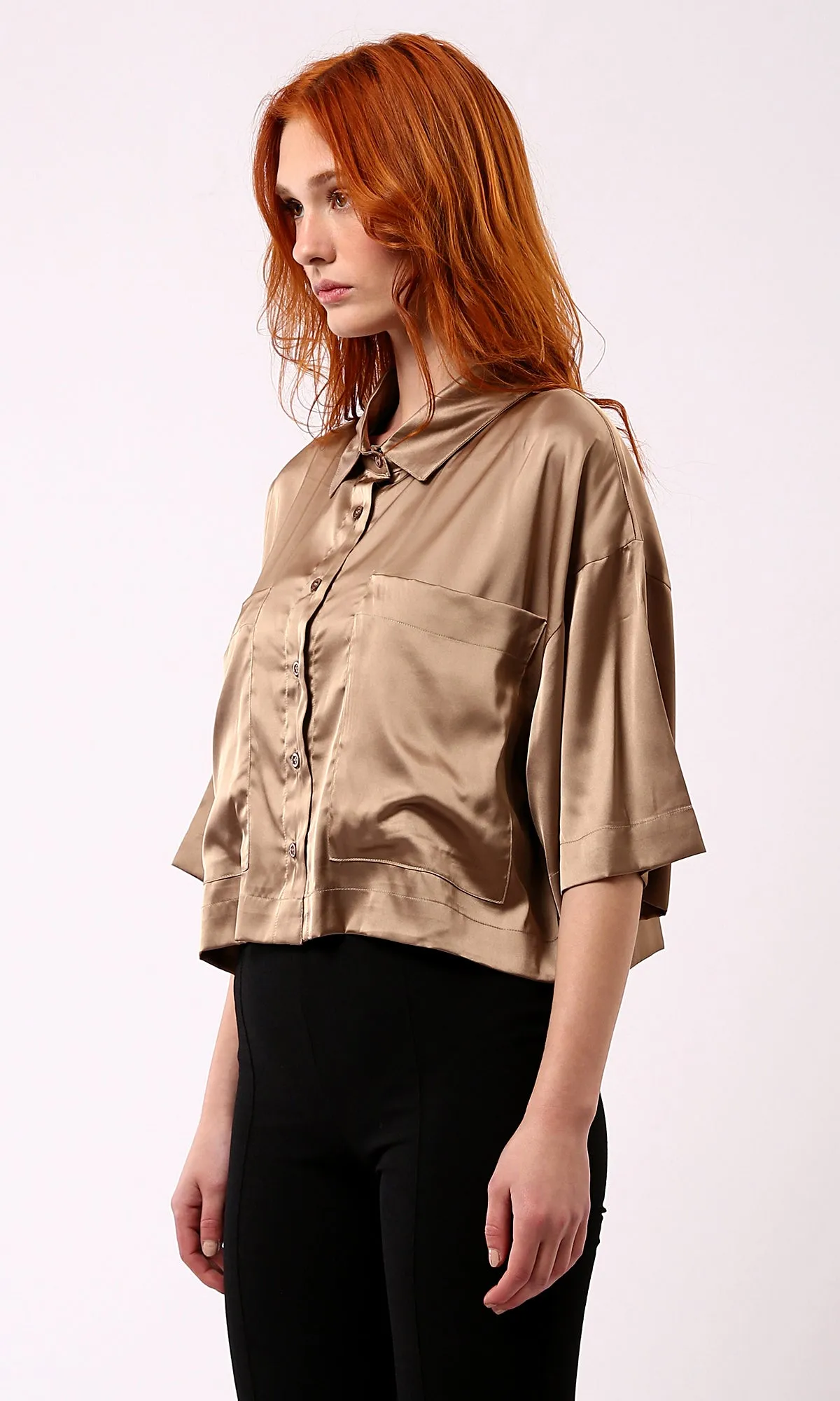 O182044 Dark Gold Shiny Evening Shirt With Front Pockets