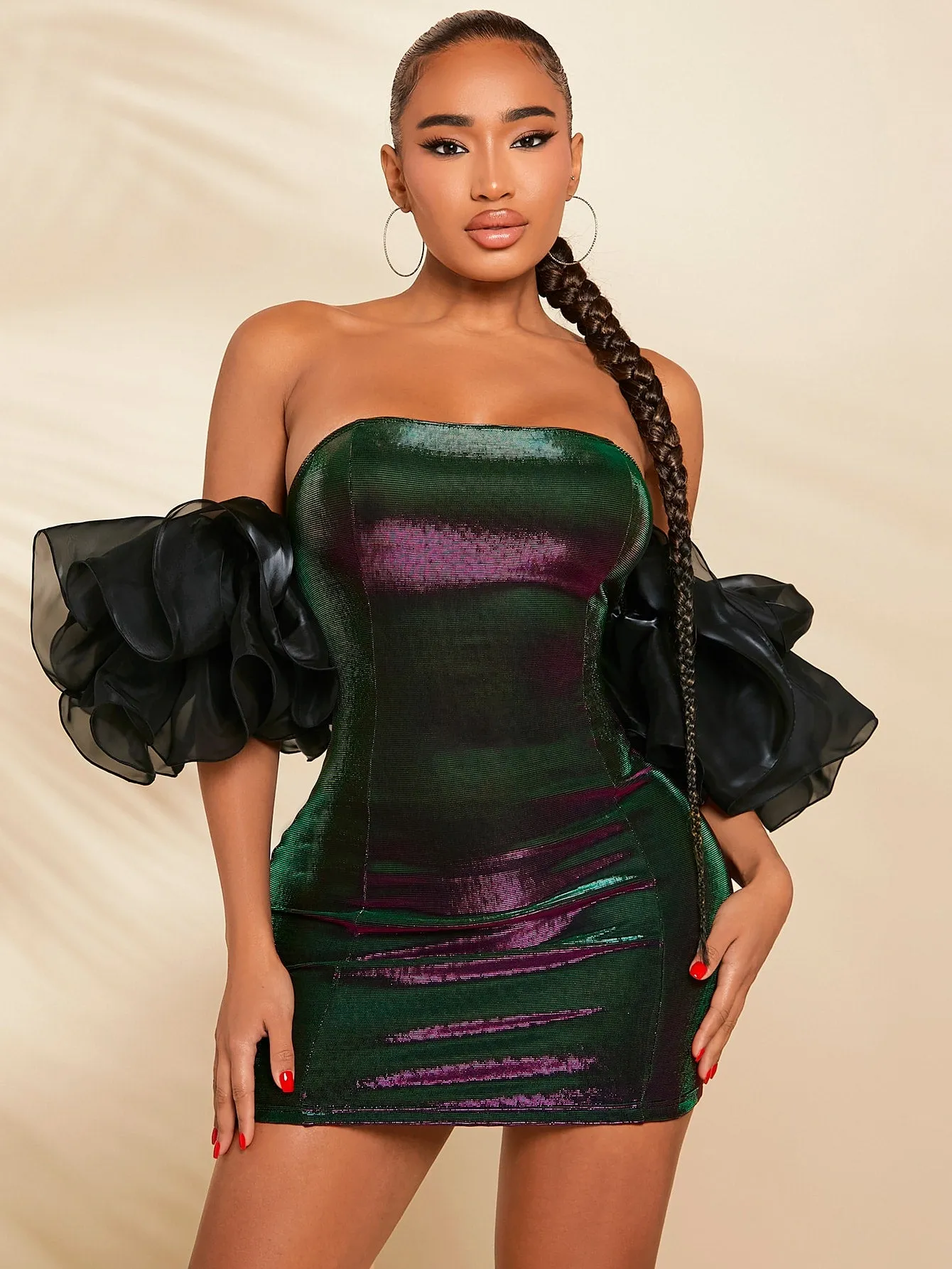 Off The Shoulder Ruffle Trim Metallic Bodycon Dress