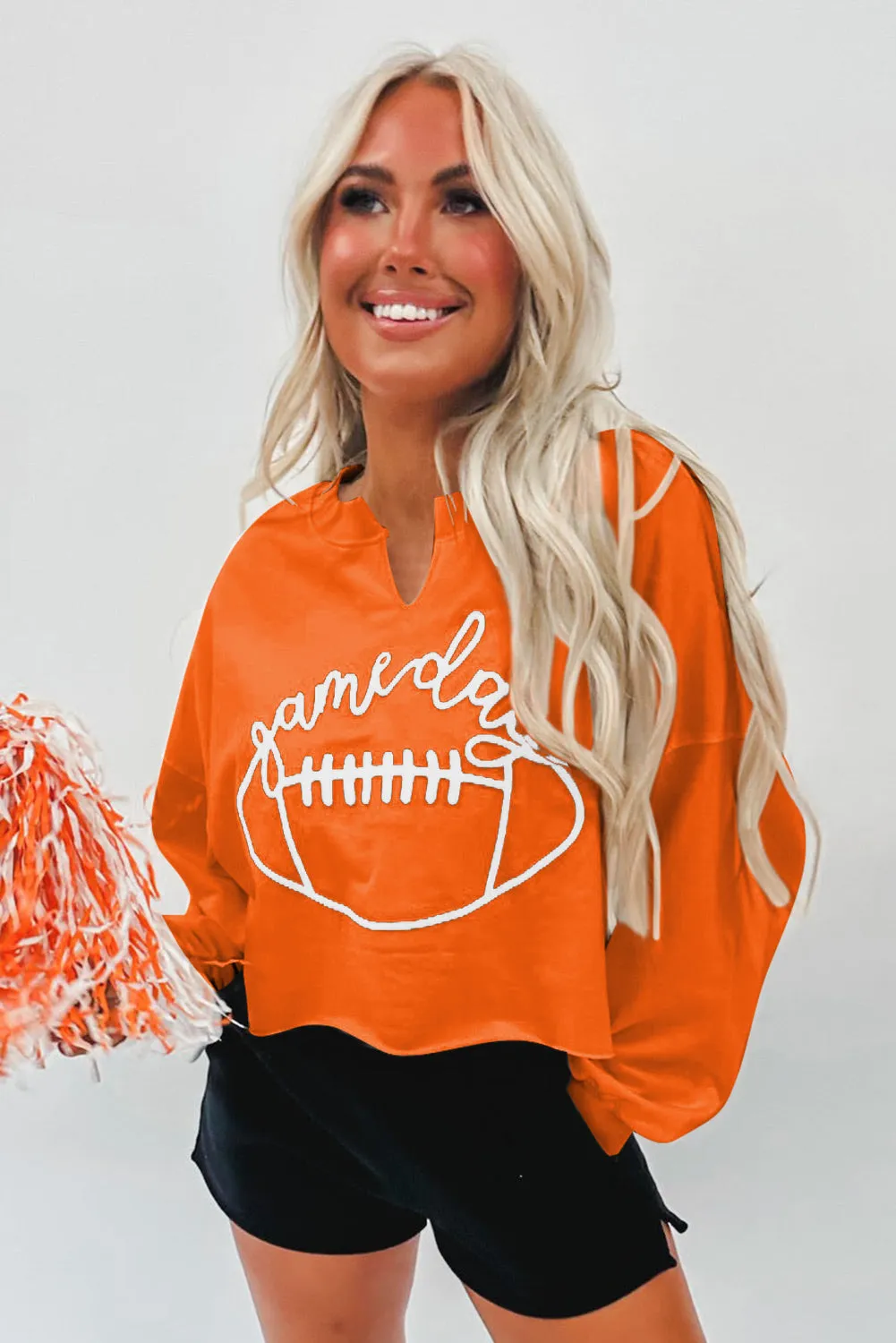 Orange Game Day Lettering Rugby Notched Neck Sweatshirt