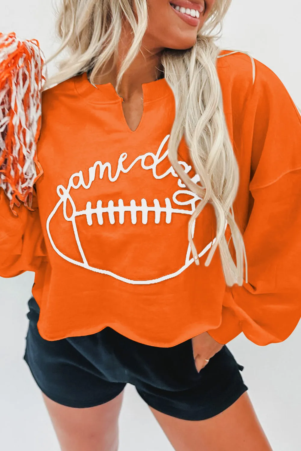 Orange Game Day Lettering Rugby Notched Neck Sweatshirt