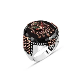 Ottoman Coat of Arms on Black Circle Onyx Stone Silver Men's Ring Siding Web Pattern in Epaulet Shape