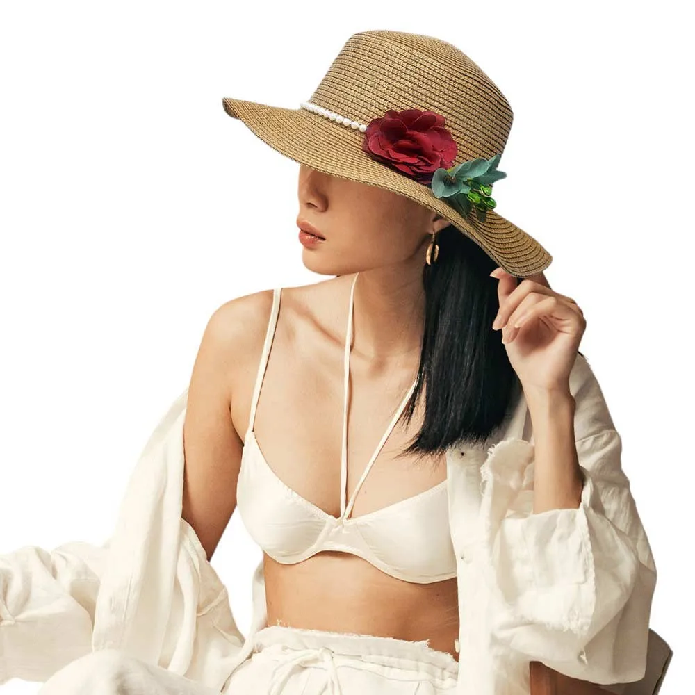 Pearl Band Rose Corsage Pointed Raffia Sun Hat