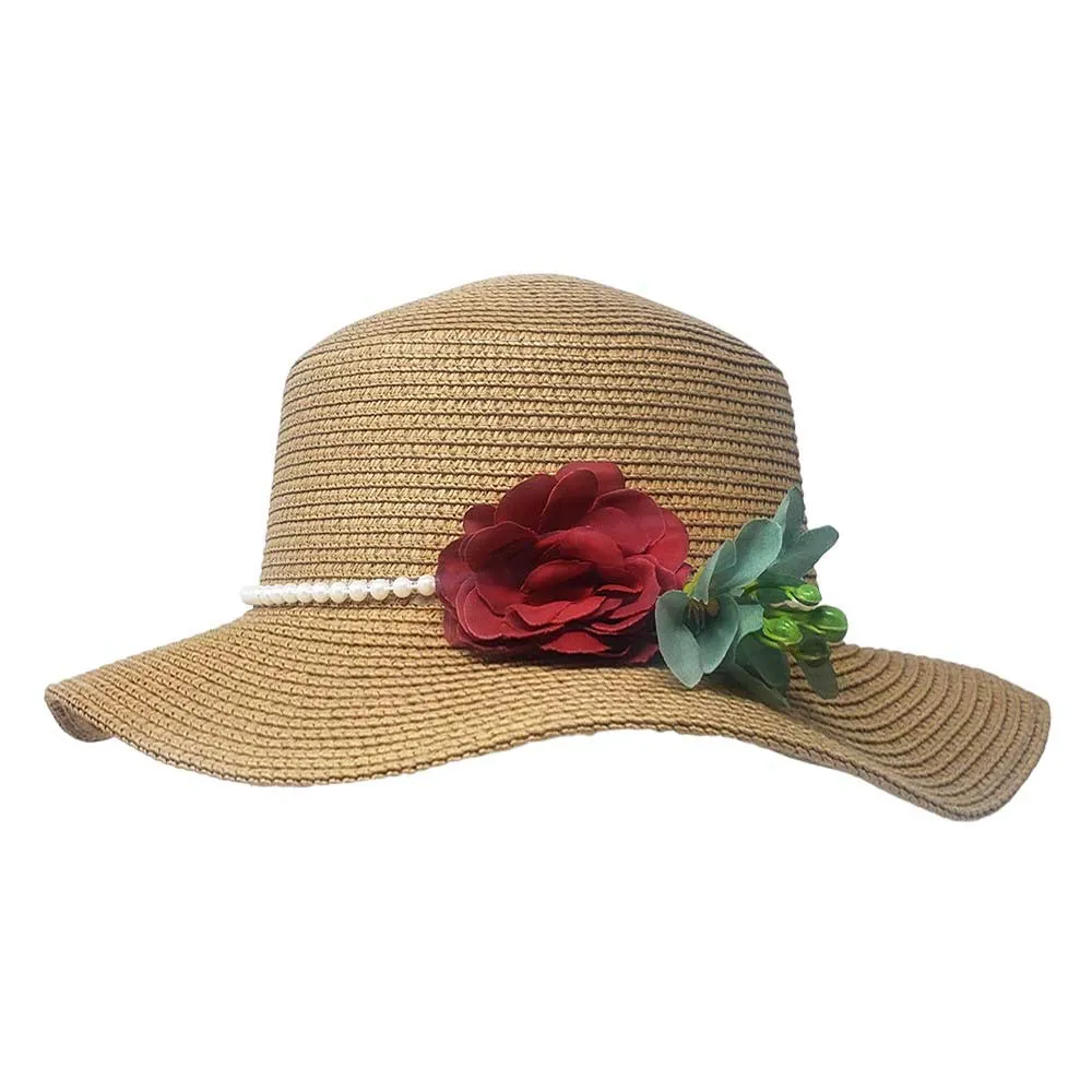 Pearl Band Rose Corsage Pointed Raffia Sun Hat