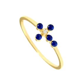 Pearled Cross Diamond Lapis Ring, Yellow Gold, Size 5.75