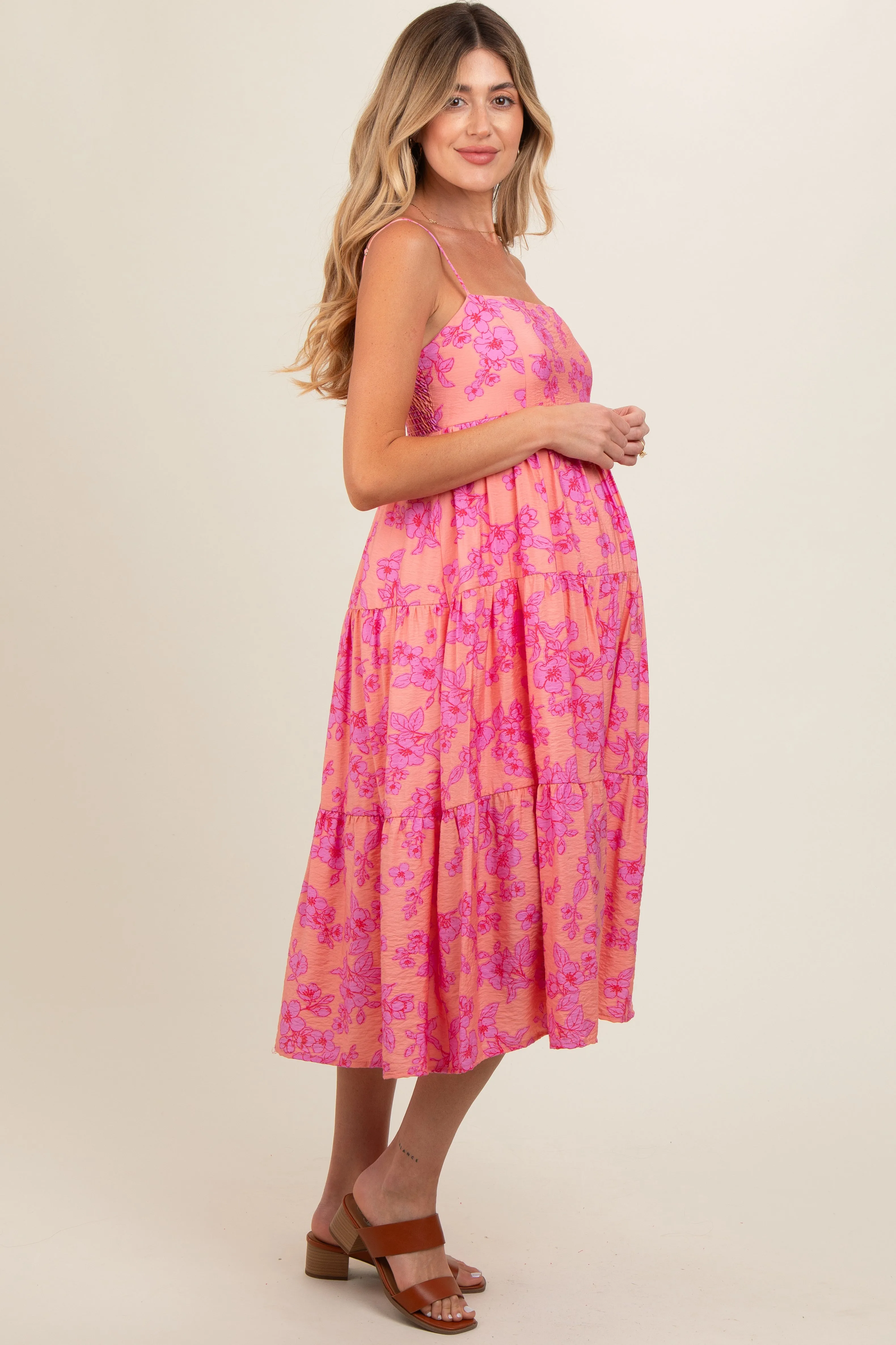 Pink Floral Sleeveless Tiered Maternity Midi Dress