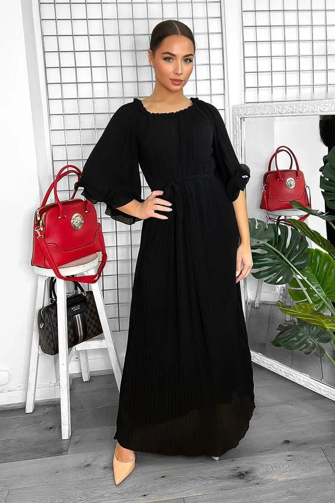 Pleated Chiffon Waist Tie Maxi Dress